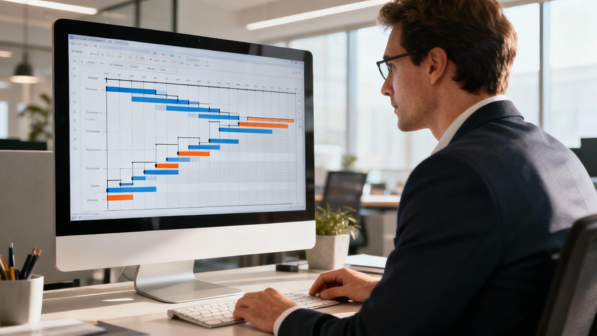 A Gantt chart on a computer screen showing a project timeline