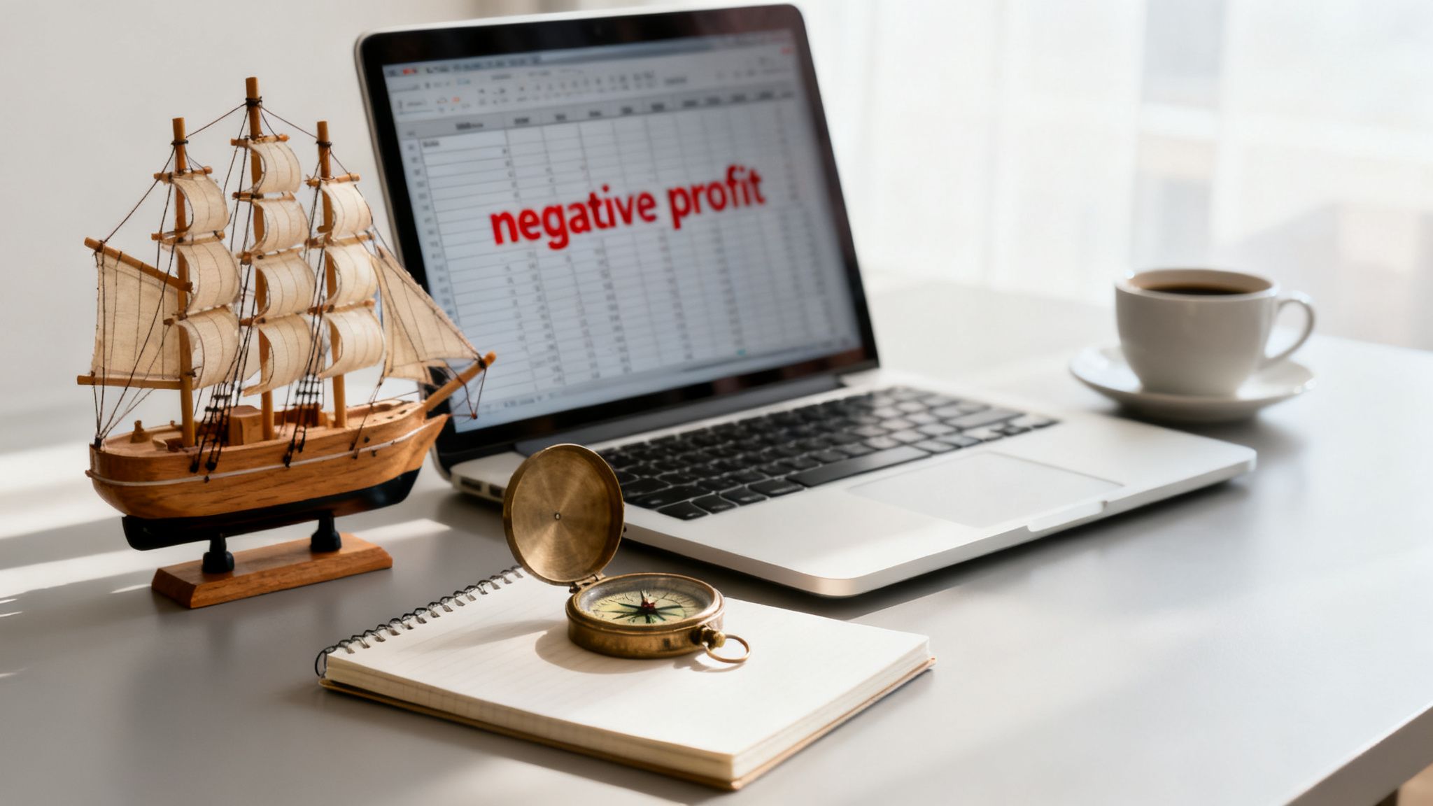 A workspace with a laptop showing 'negative profit,' a model ship, compass, and coffee.
