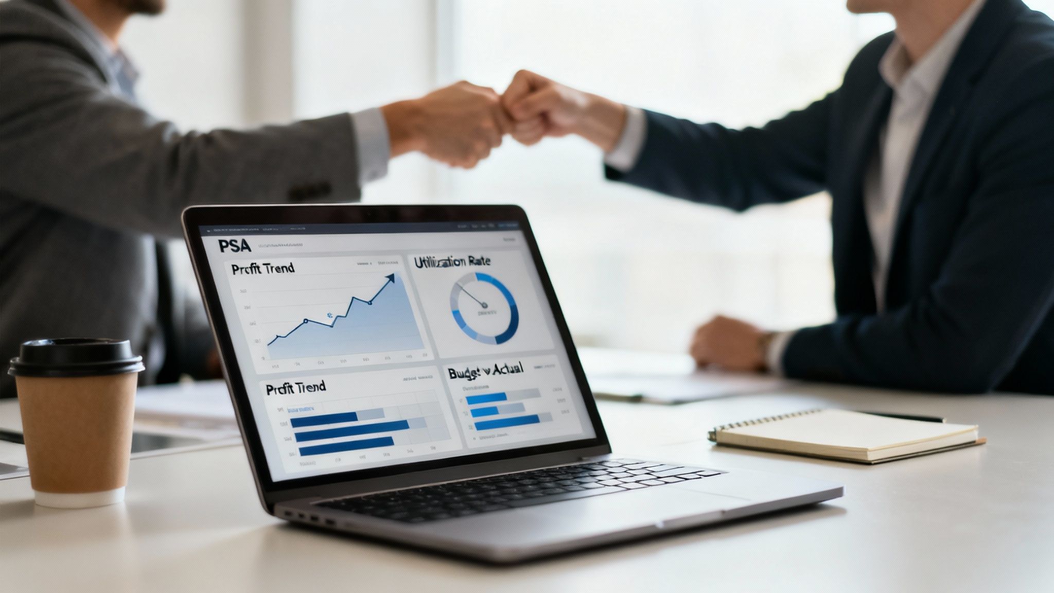 Businessmen fist-bumping behind a laptop displaying professional services automation analytics dashboards.