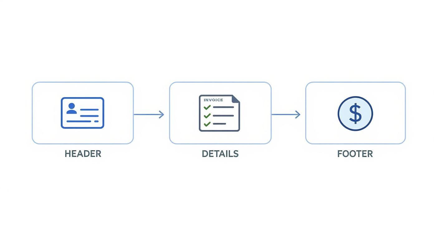 A process flow diagram illustrating Header, Details, and Footer sections for an invoice document.