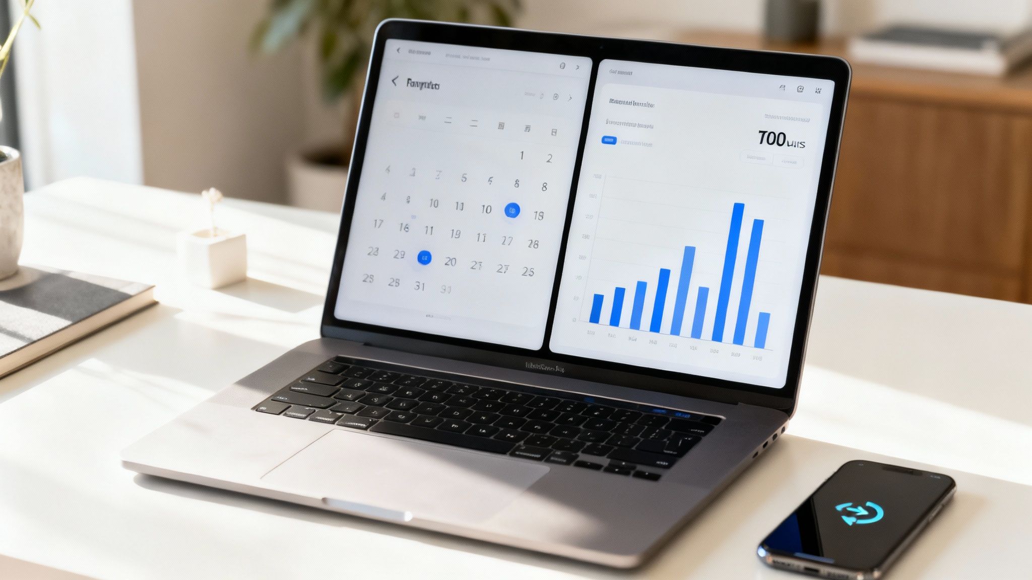 A laptop displaying a calendar and a bar chart, with a smartphone on a bright white desk.