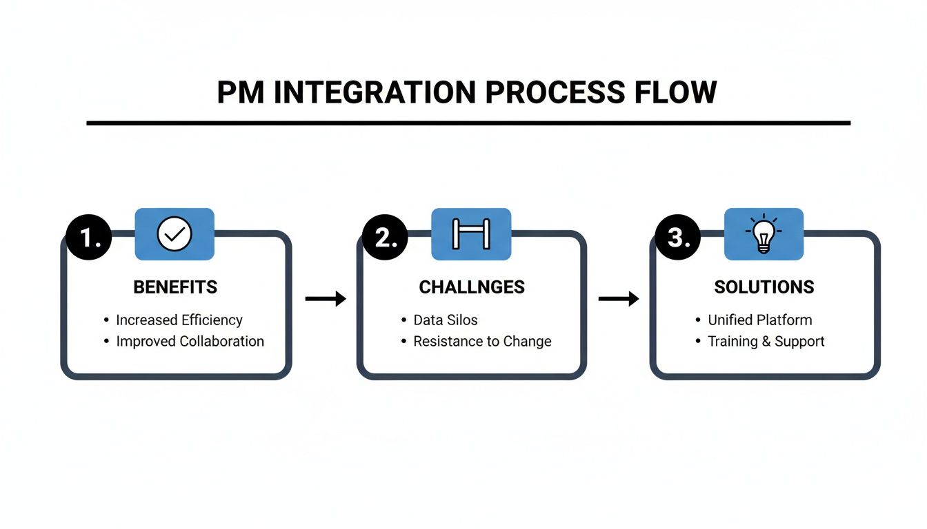 Flowchart illustrating the PM integration process, detailing benefits, challenges, and proposed solutions.
