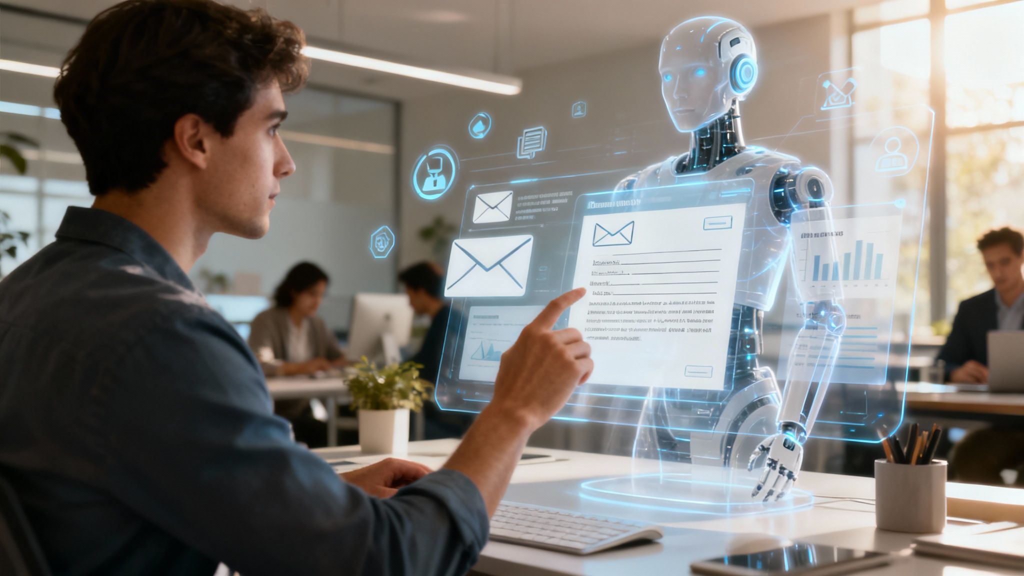 A person interacting with AI and technology tools on a futuristic interface, representing efficiency.