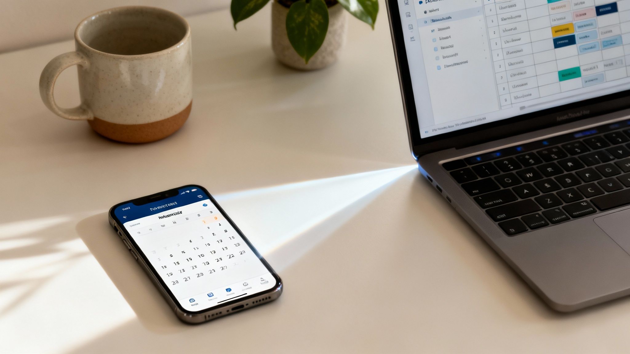 A modern workspace with a laptop showing project data, a smartphone displaying a calendar, and a coffee cup.