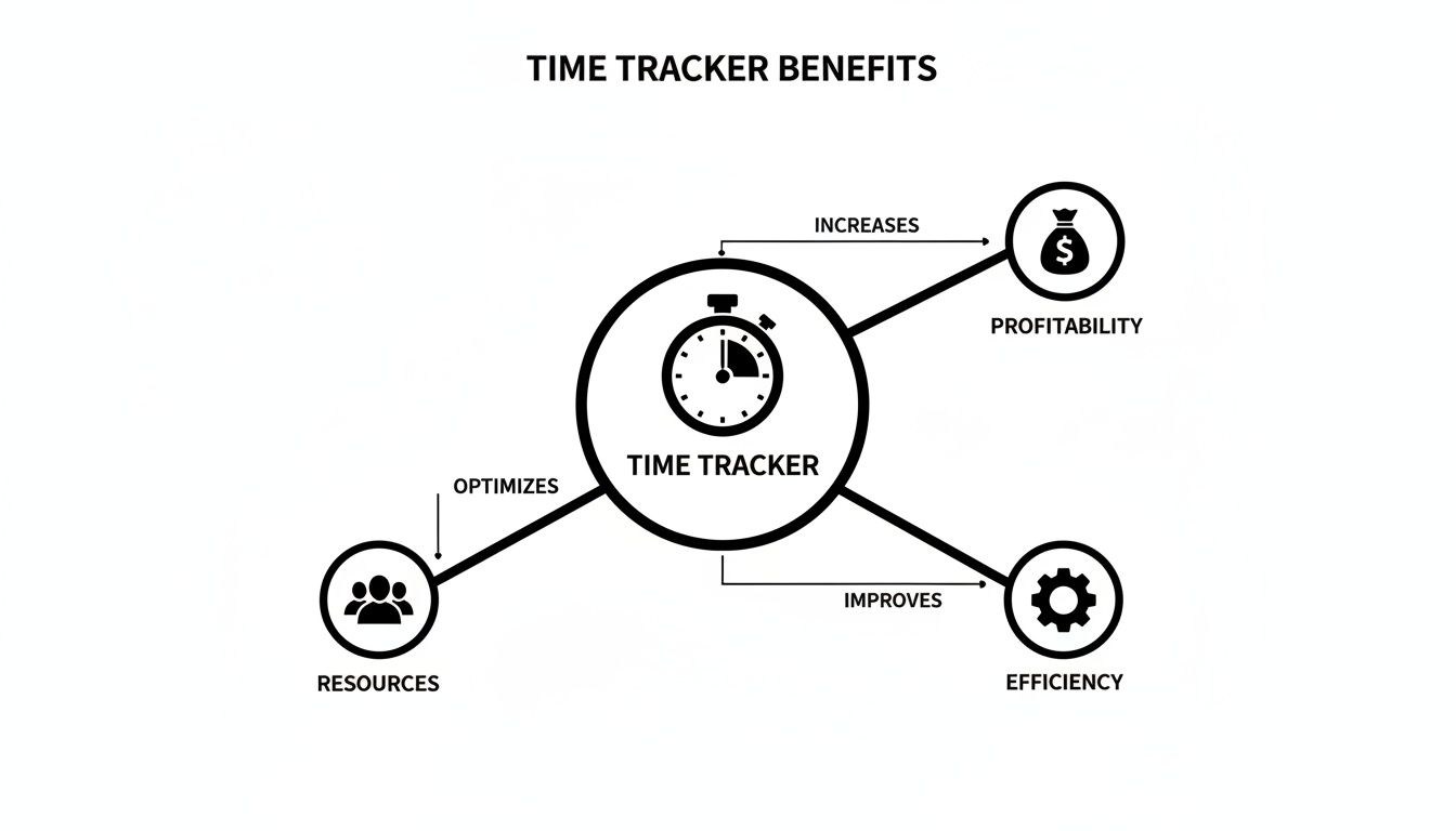 A diagram illustrating the benefits of a time tracker: increased profitability, optimized resources, and improved efficiency.