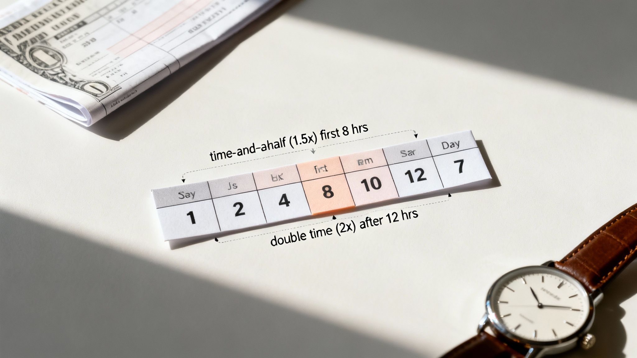 A visual guide illustrating overtime calculation rules: time-and-a-half for the first 8 hours, double time after 12 hours.