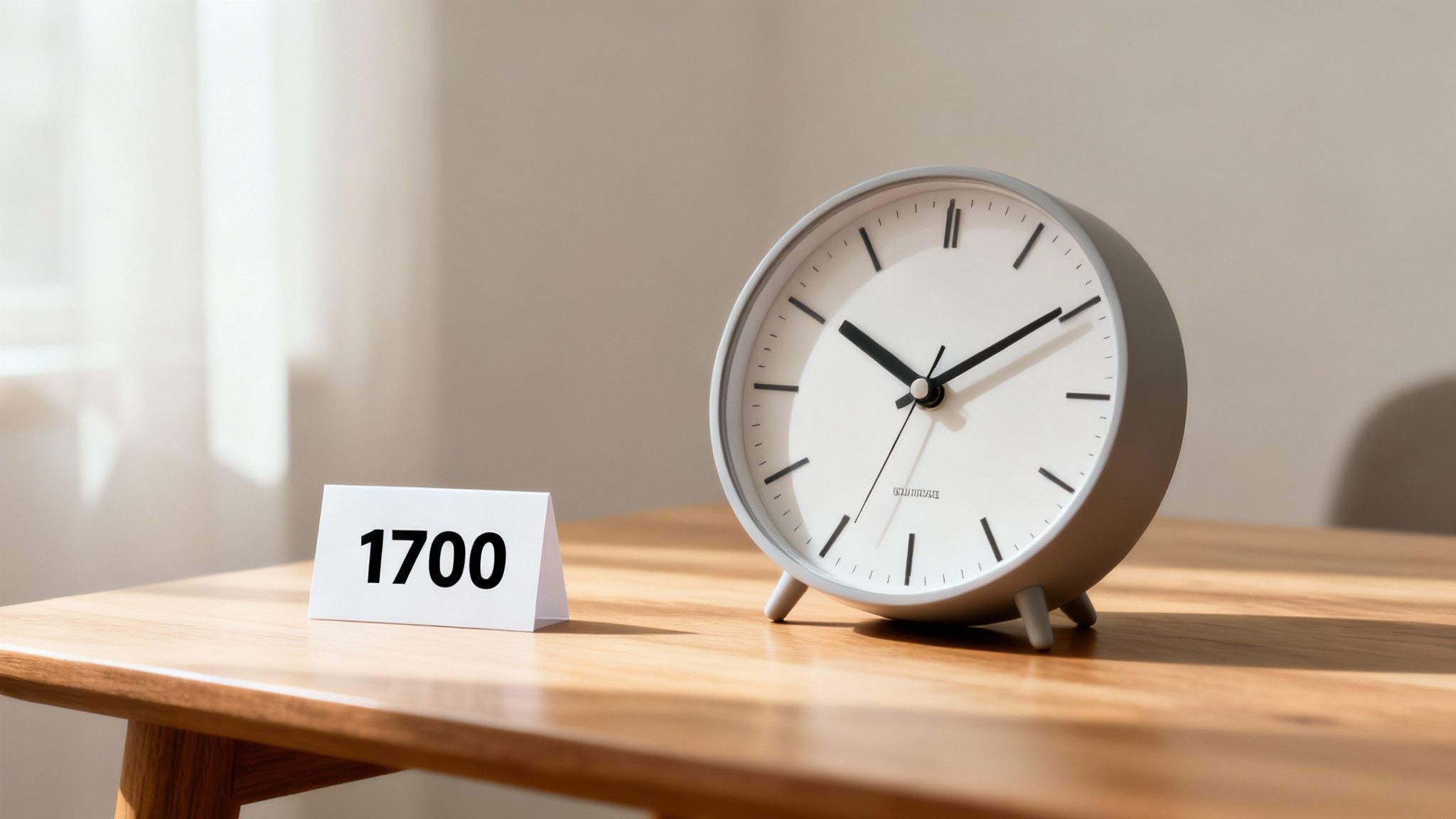 A white sign displaying '1700' next to a gray analog clock on a wooden table.