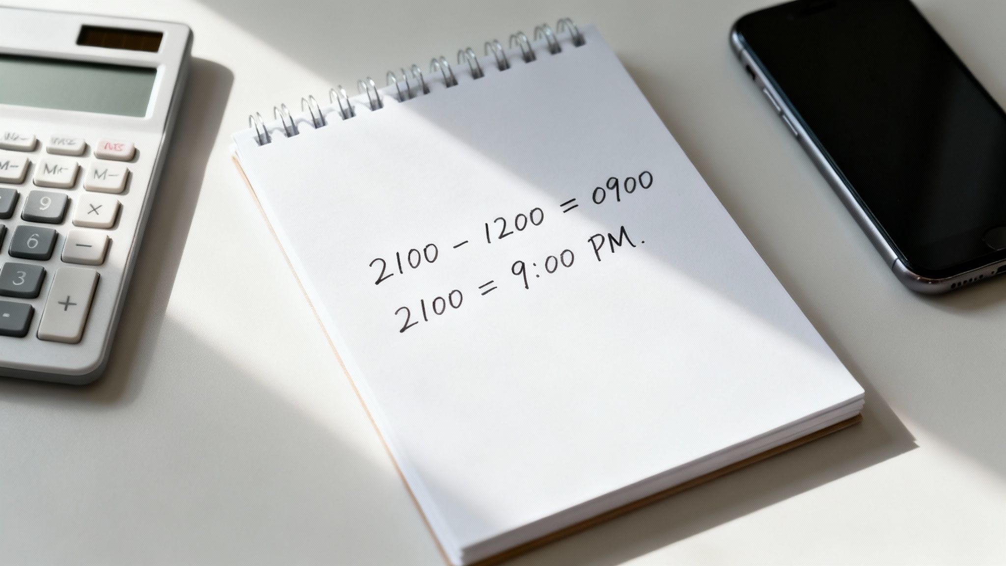 A notebook shows military time conversion calculations, with a calculator and smartphone on a white desk.