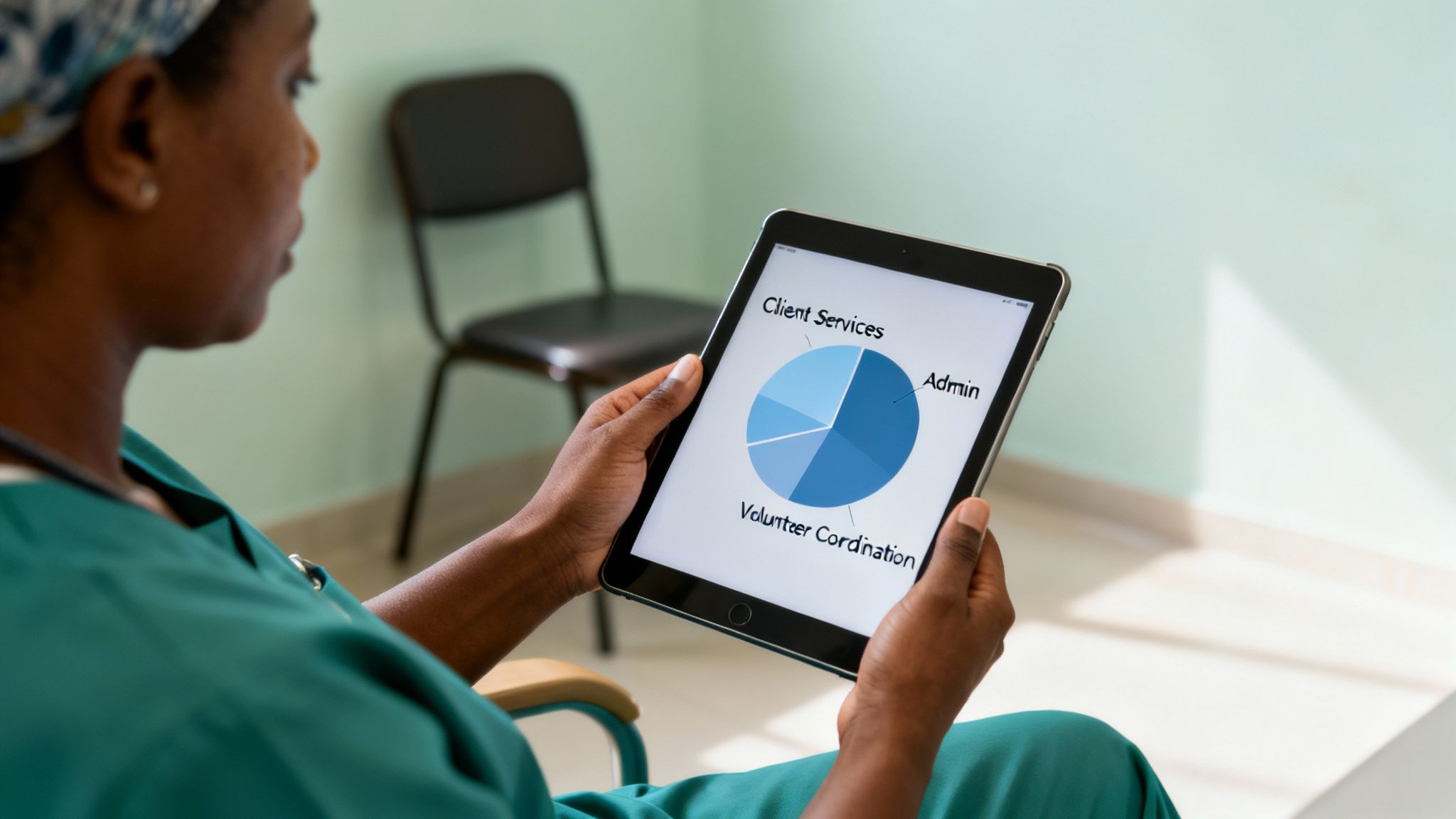 A person in teal scrubs reviews a pie chart on a tablet displaying client, admin, and volunteer data.