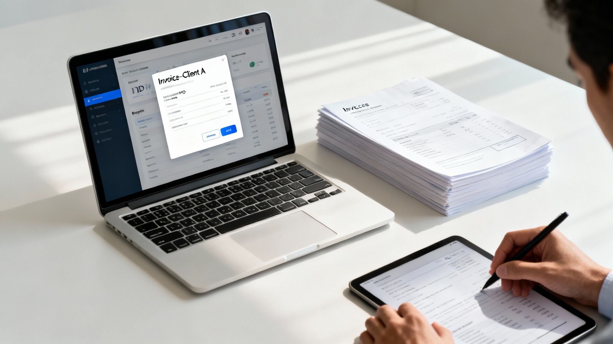 A person reviews digital invoices on a laptop and tablet, next to a stack of paper invoices, highlighting financial management.