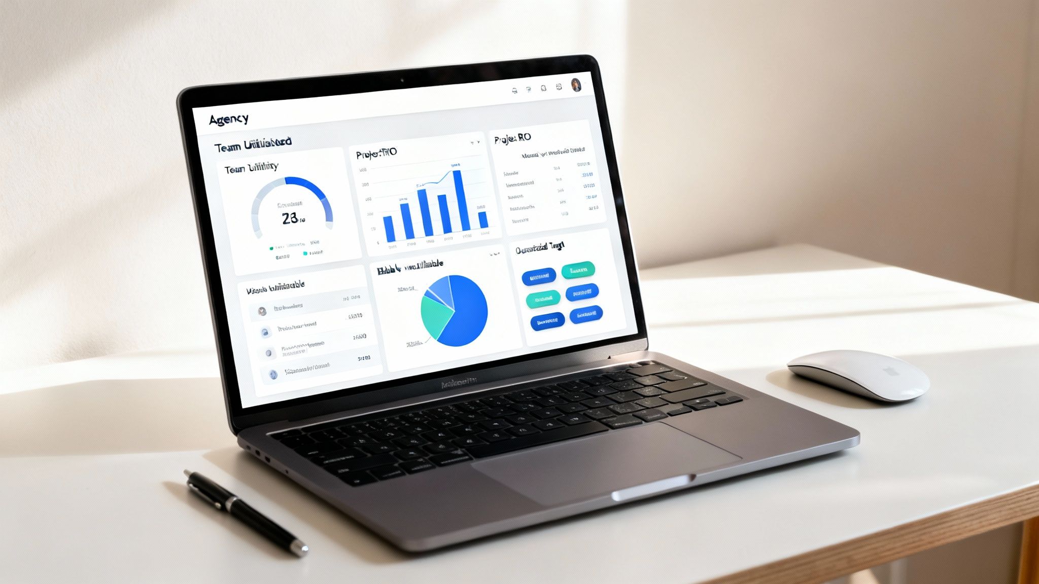 A laptop on a white desk displays a business dashboard with charts and data, alongside a mouse and pen.