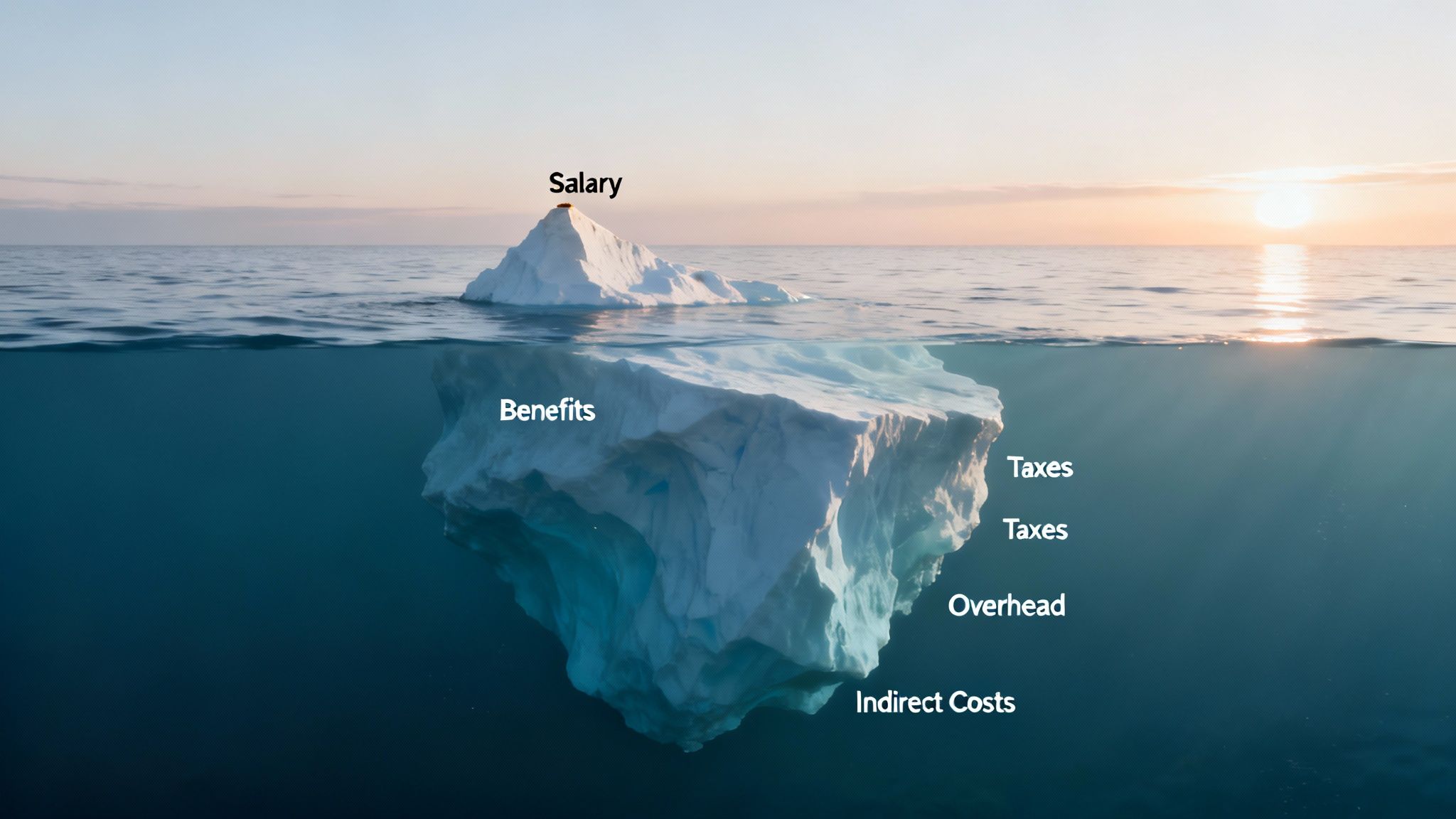 An iceberg visualizes total labor costs, with Salary visible above water and hidden Benefits, Taxes, Overhead, and Indirect Costs below.
