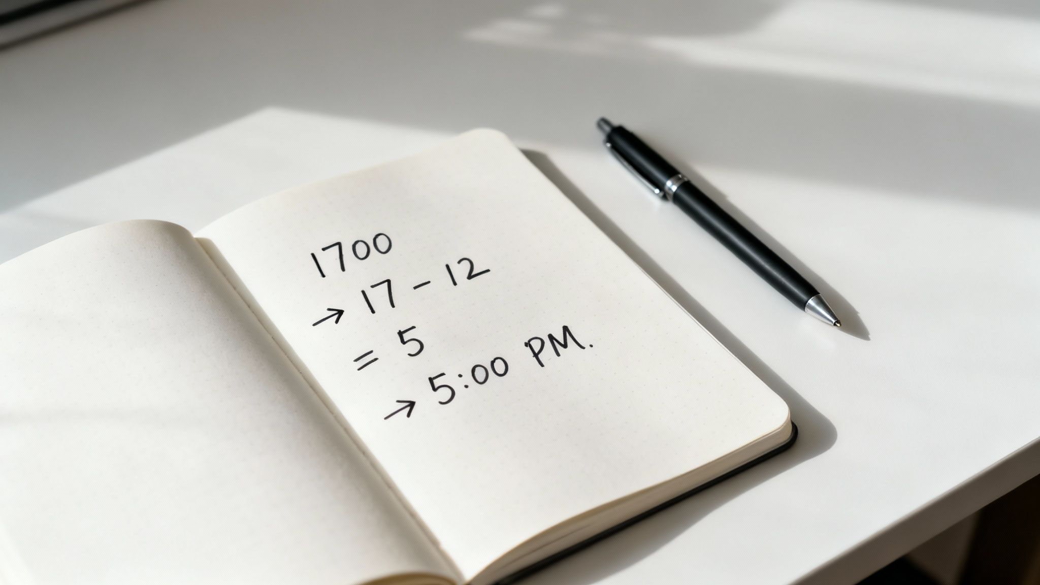 A notebook shows handwritten calculations converting 1700 military time to 5:00 PM, with a pen.