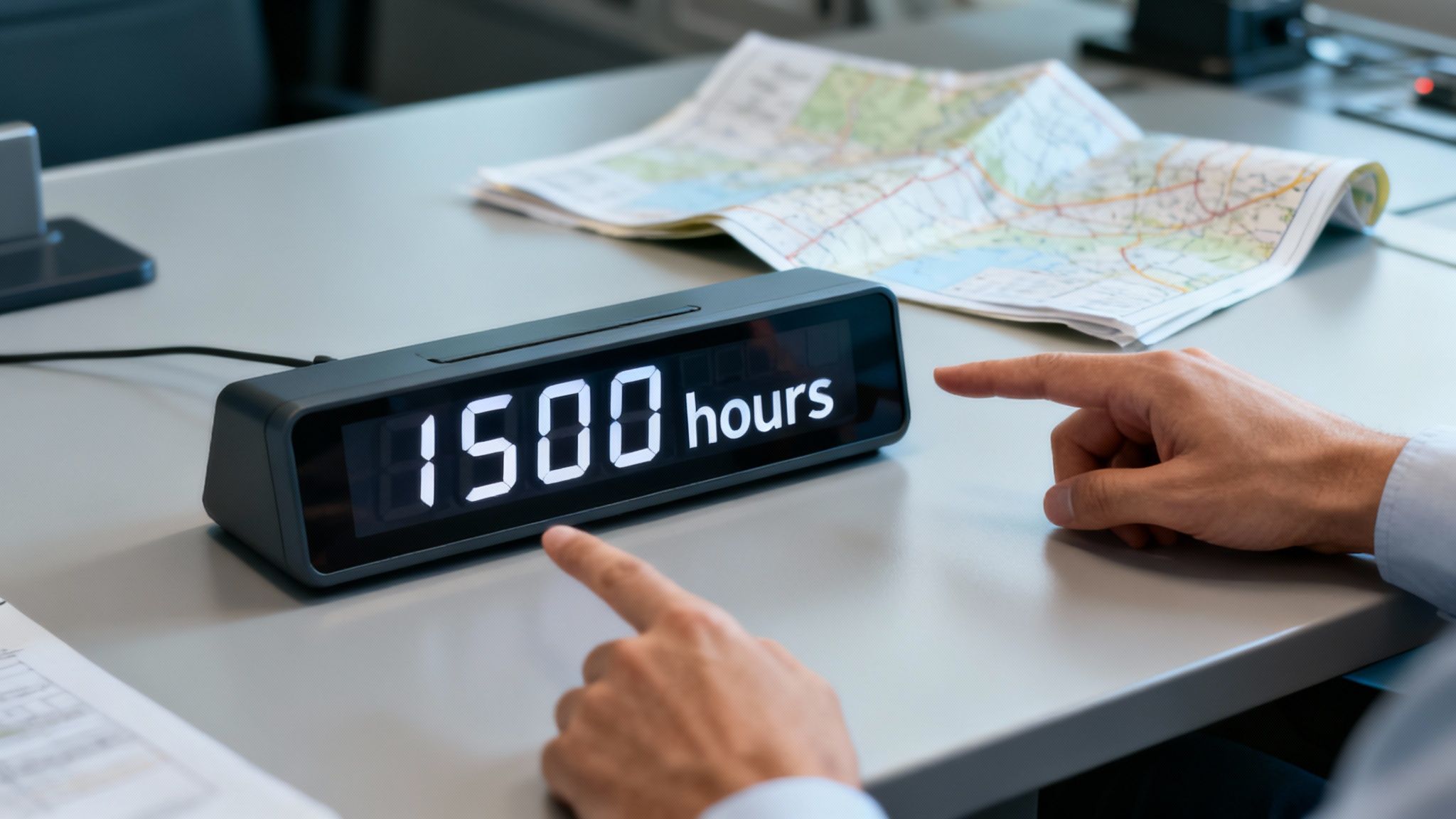 A person's hands point at a digital clock displaying '1500 hours' on a grey desk with a map.