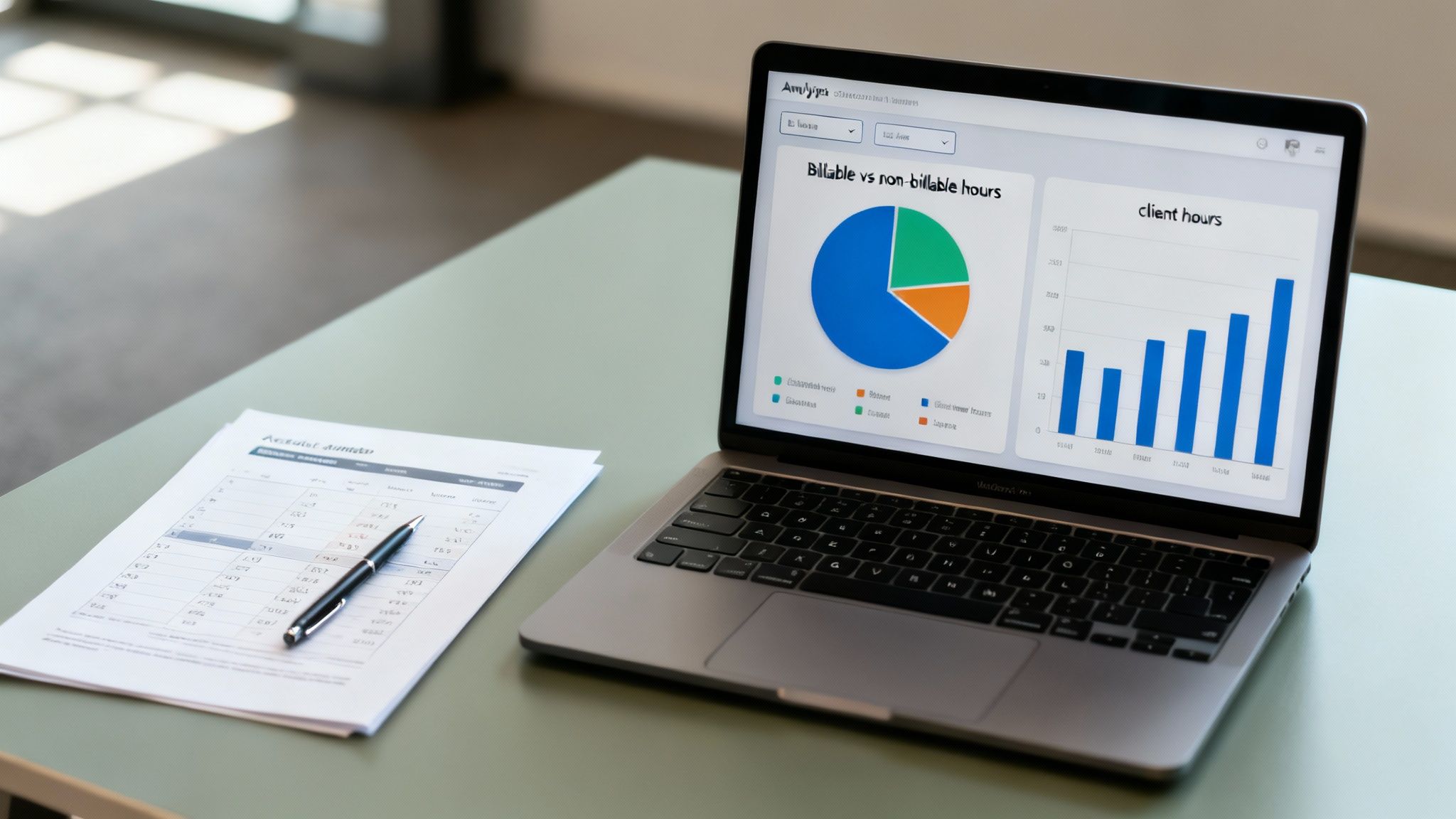 A laptop displaying time tracking data with pie and bar charts, alongside a document and pen on a desk.