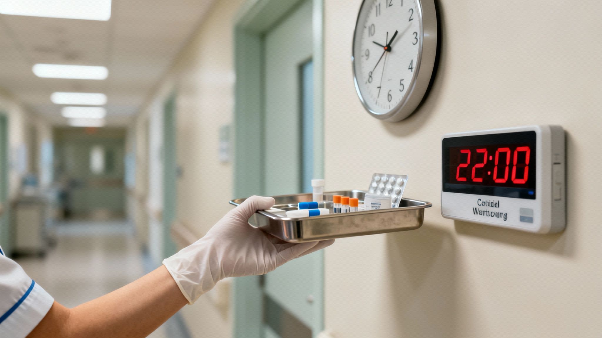 Gloved hand of a medical professional carrying a tray with medications in a hospital hallway at 22:00.