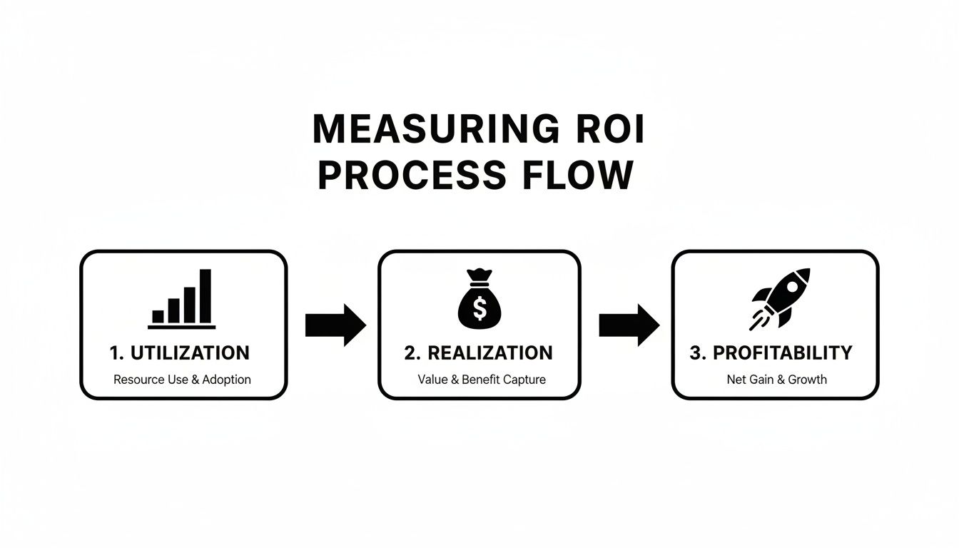 A visual flow diagram illustrating a three-step process for measuring ROI: Utilization, Realization, and Profitability.