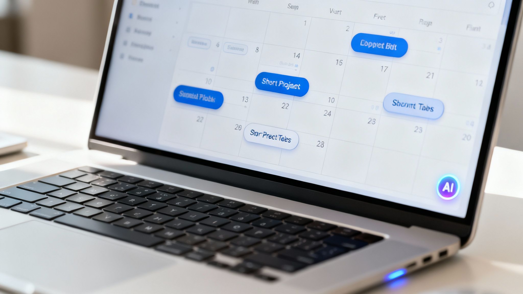 A close-up of a laptop screen displaying a digital calendar app with scheduled tasks and an AI icon.