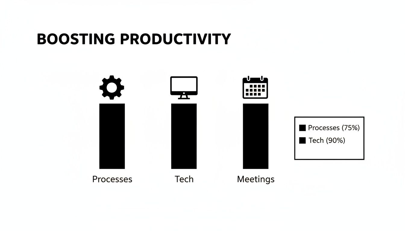 Bar chart illustrating factors impacting productivity: processes, tech, and meetings, with percentages.