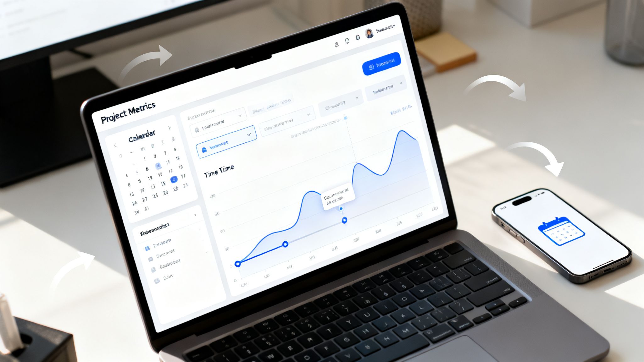 Laptop displaying a project metrics dashboard with a calendar and time graph, next to a smartphone with a calendar icon.