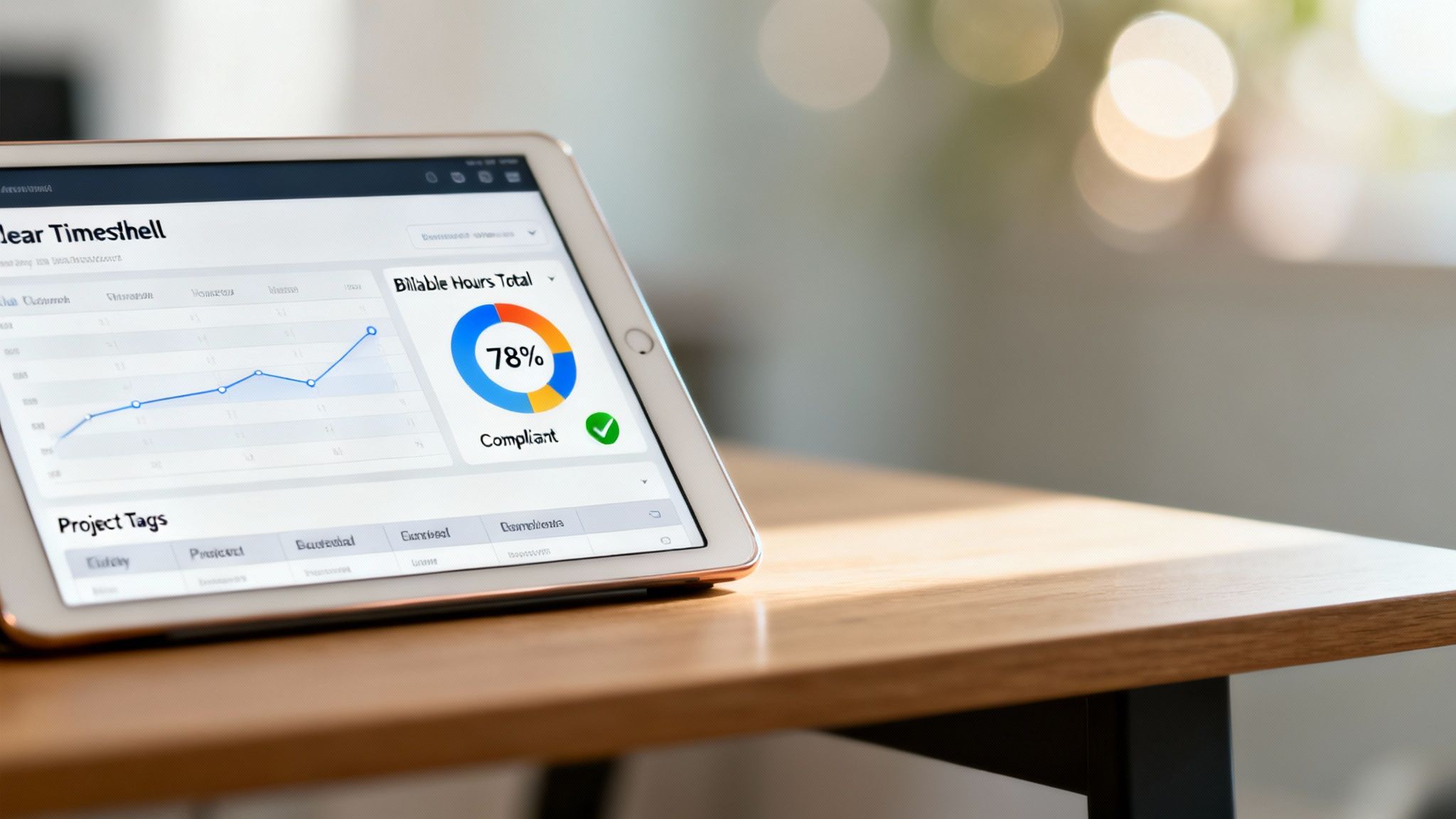 Tablet displaying a business dashboard with timesheet data, including billable hours and project tags.