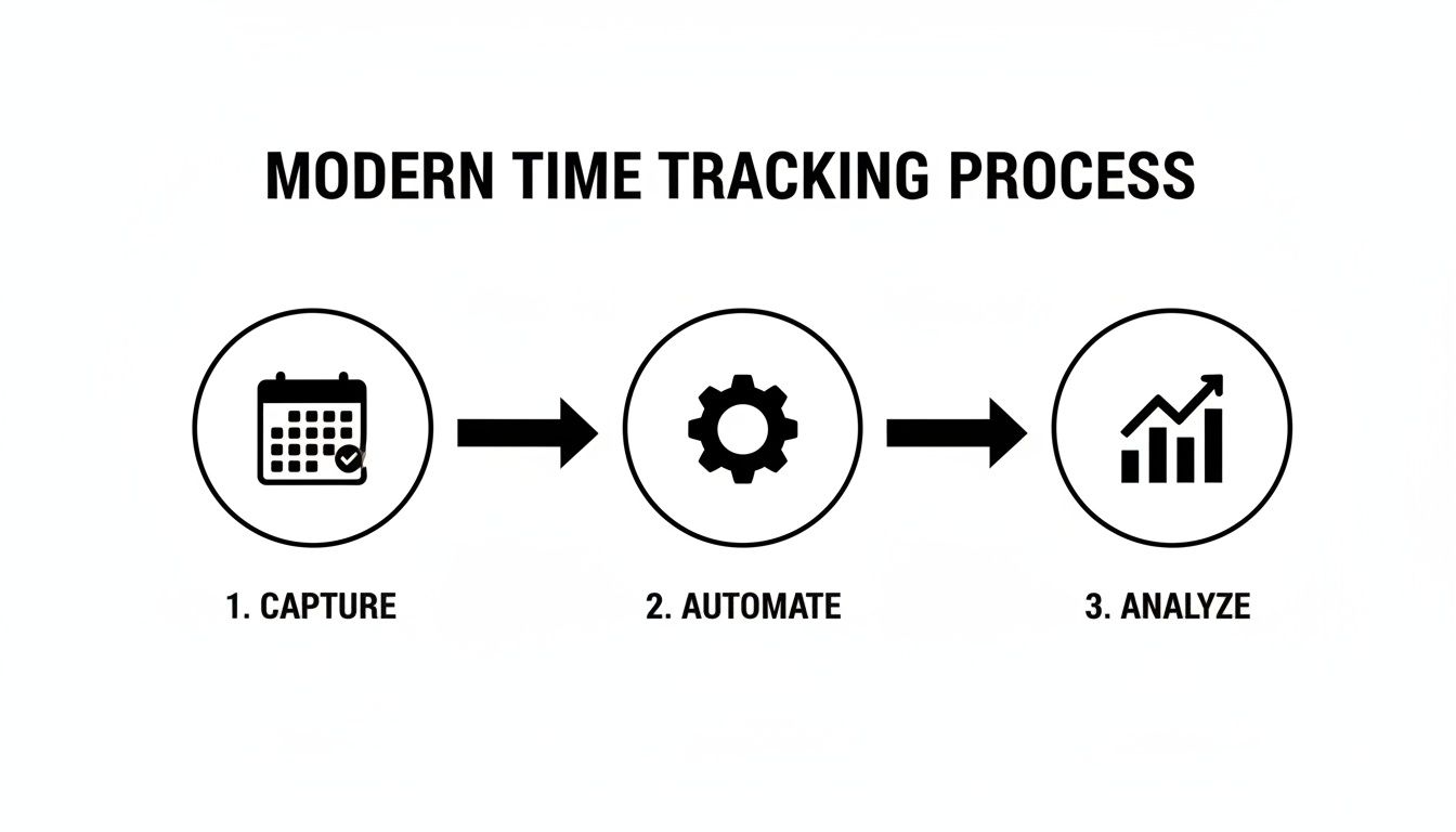 A diagram illustrating the modern time tracking process: capture, automate, and analyze steps.