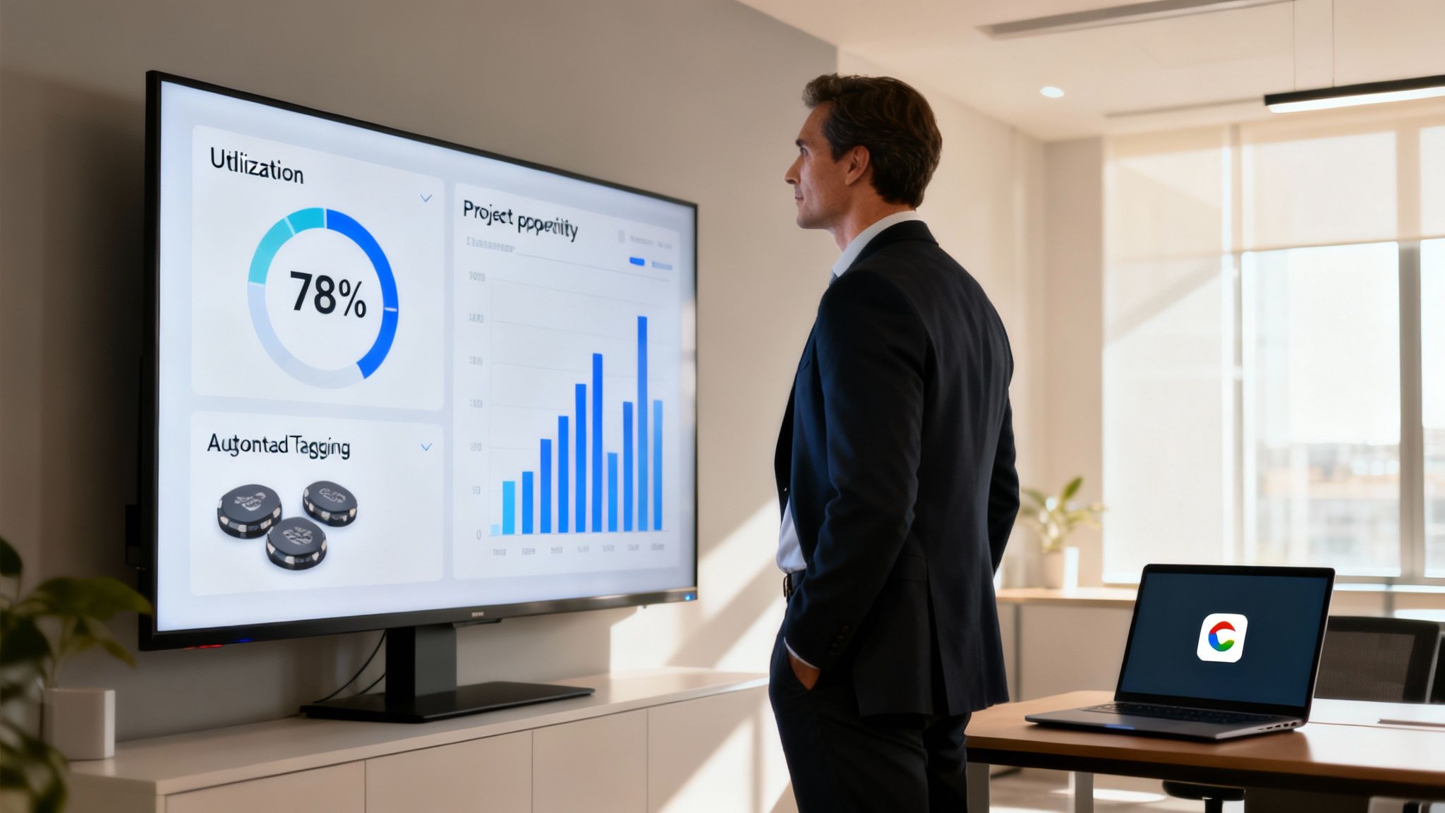 A businessman views a large screen displaying utilization data, project charts, and automated tagging in an office.
