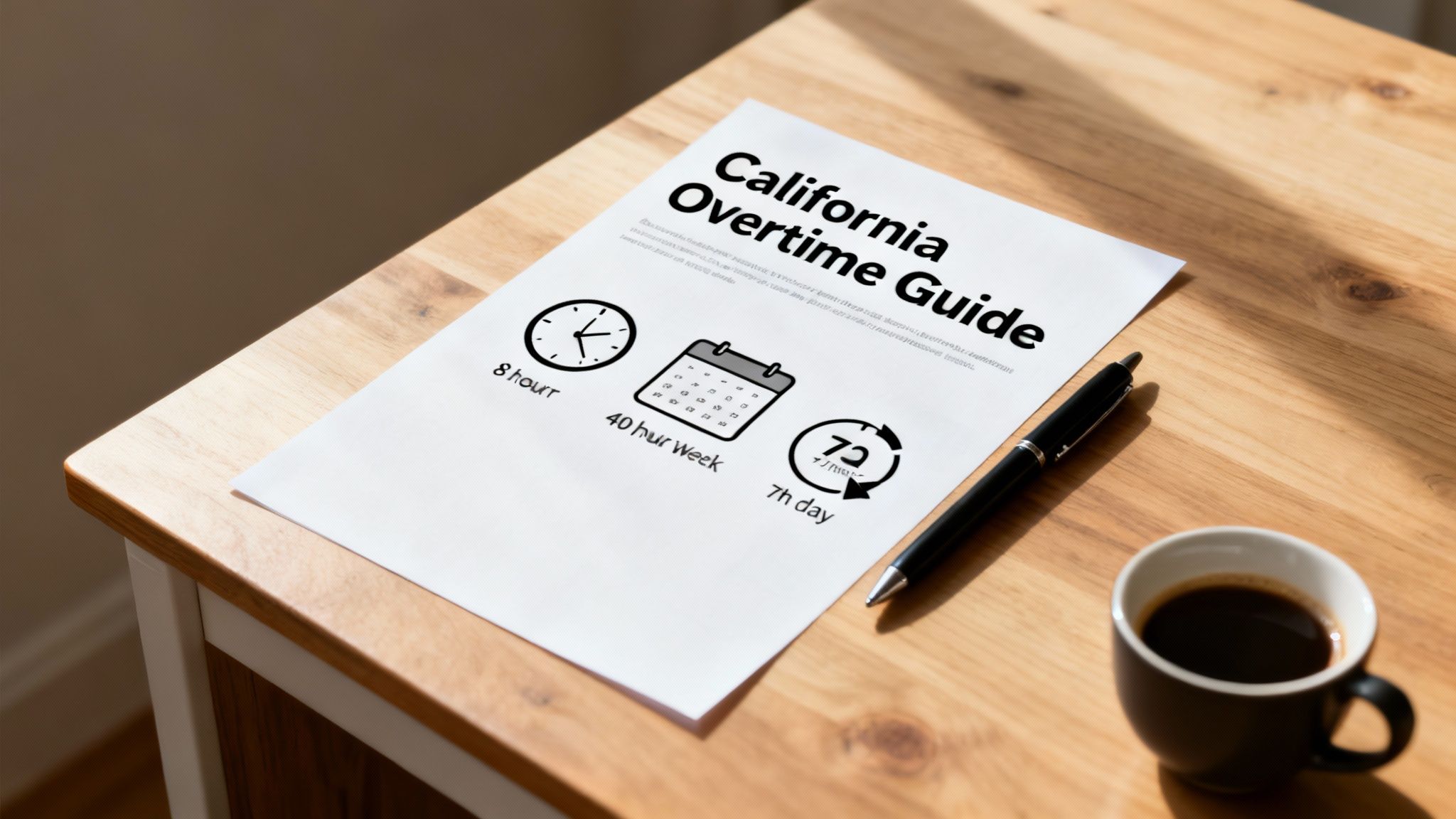 California Overtime Guide document with icons for 8-hour, 40-hour week, and 7th day, on a wooden desk.