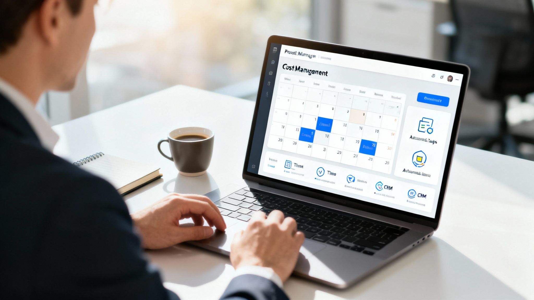 An overhead shot of a man using a laptop, displaying a 'Cost Management' application with a calendar.