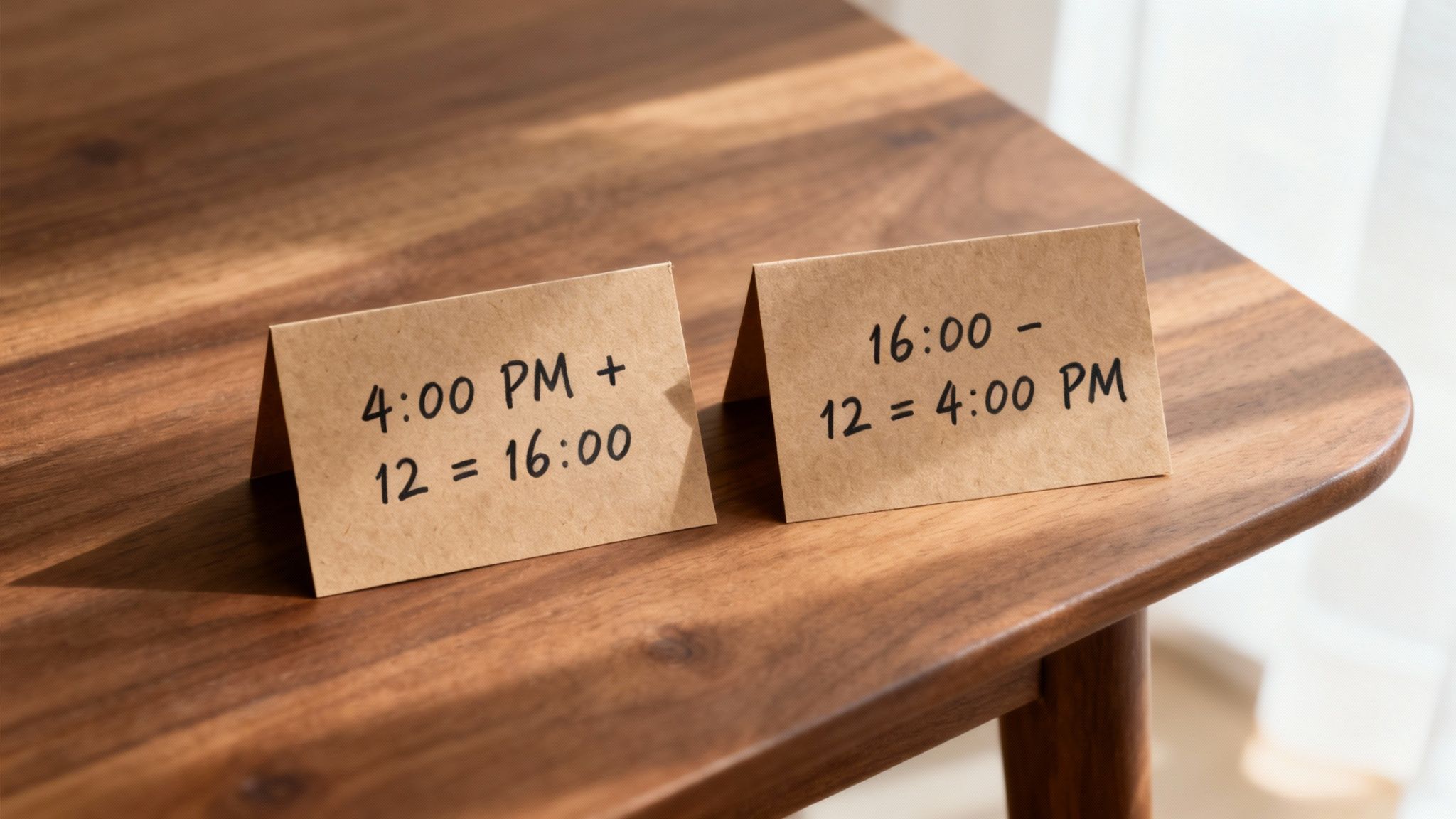 Two cards on a wooden table explain how to convert 12-hour PM time to 24-hour time and vice versa.