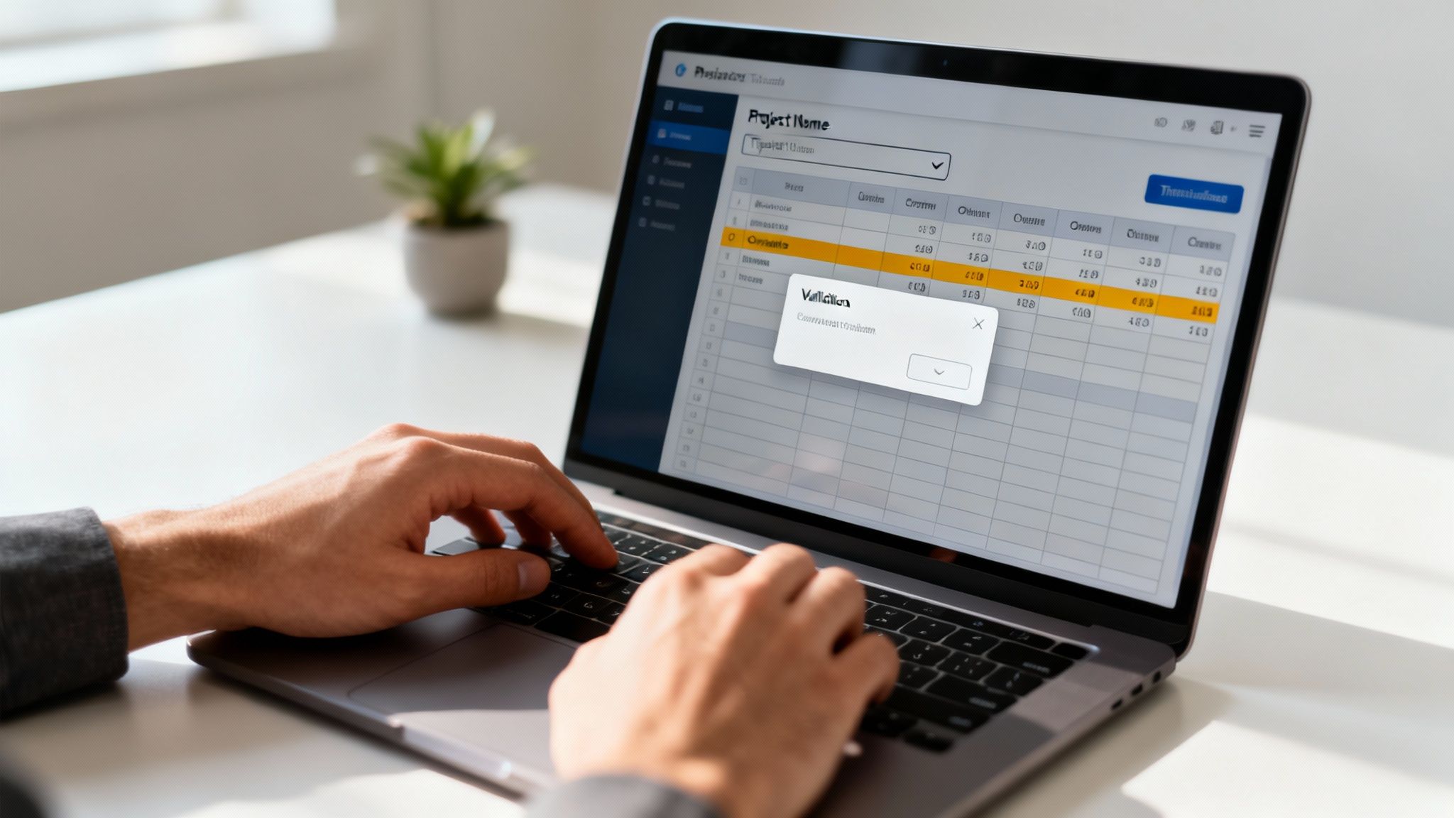 A person types on a laptop displaying a timesheet management application with project data.