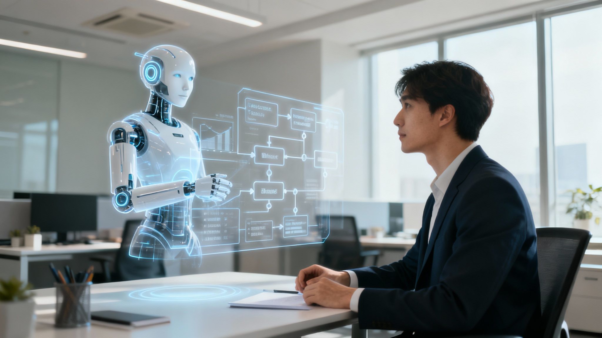 An image showing a robotic hand and a human hand working together on a futuristic interface, symbolizing AI-human collaboration.