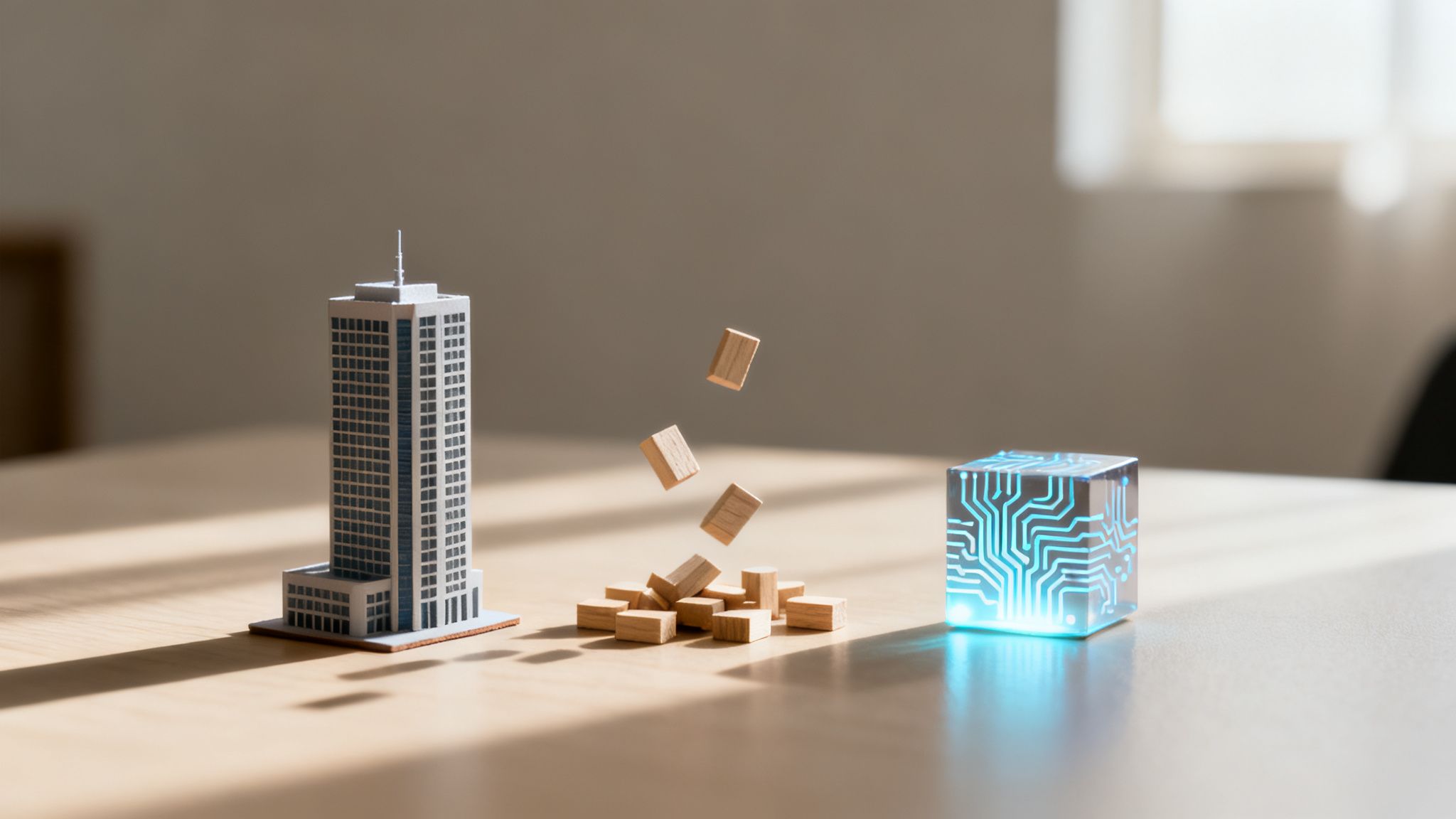 Miniature building, scattered wooden blocks, and an illuminated tech cube on a table.