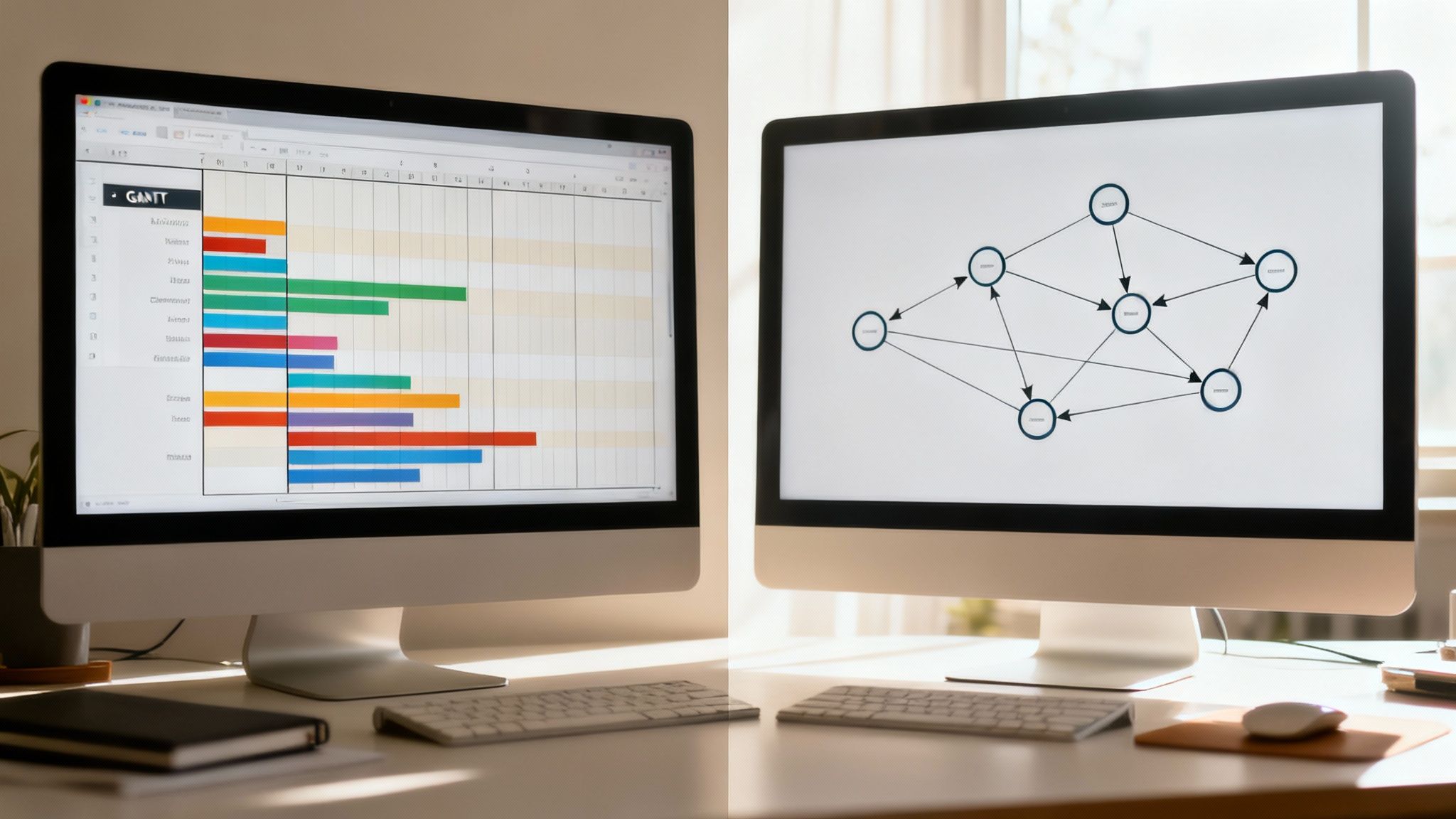 Dual monitor setup displaying Gantt chart project timeline and PERT network diagram side by side