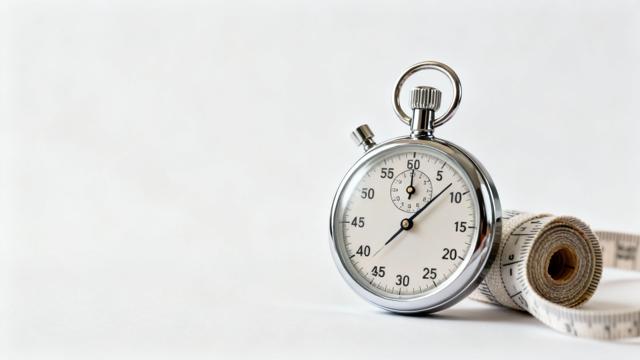 A shiny silver stopwatch stands next to a rolled-up measuring tape on a white background.