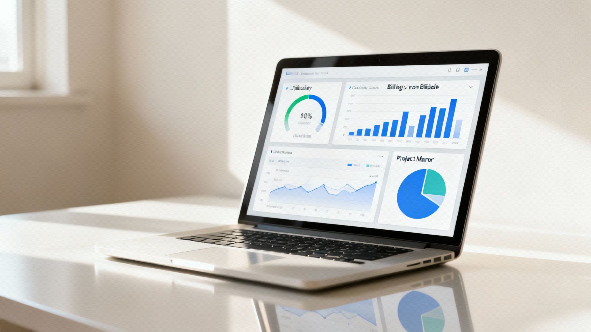 Laptop on a white desk displaying a resource planning dashboard with charts and graphs.