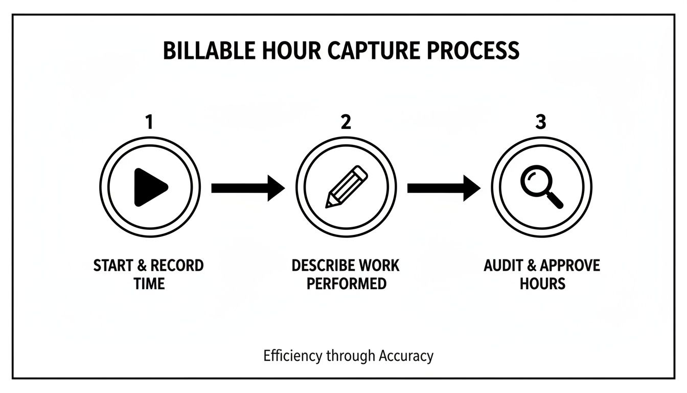 Infographic illustrating the three-step billable hour capture process with corresponding icons.