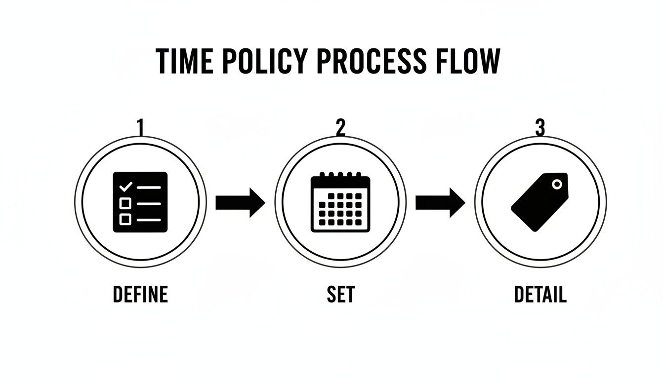 A black and white infographic illustrating a three-step time policy process: Define, Set, Detail.