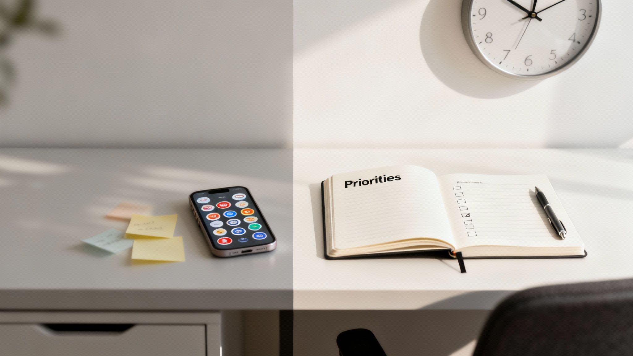 Organized workspace with smartphone, sticky notes, open priorities notebook, checklist and wall clock