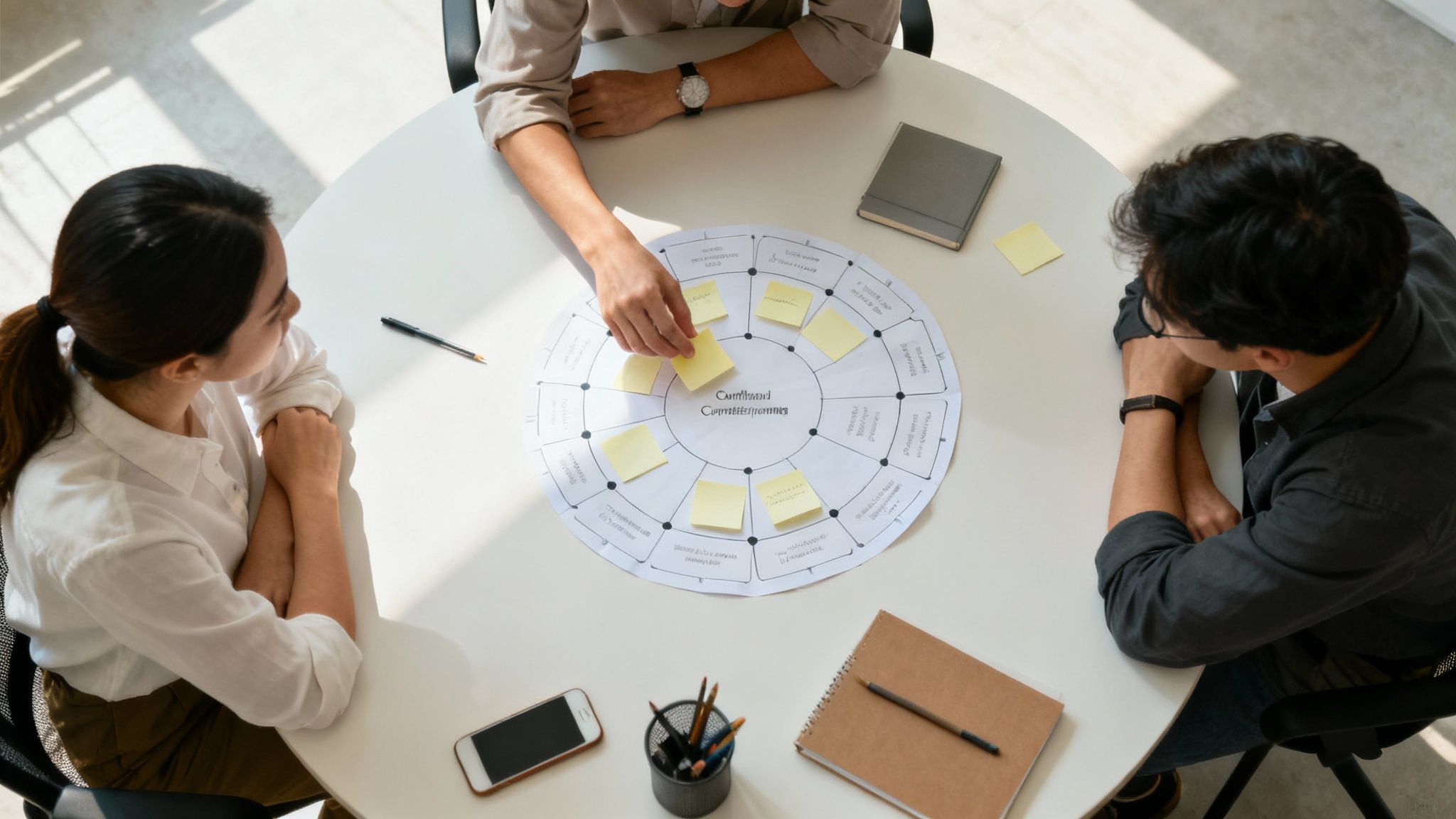 A team collaborating in a meeting, focused on a continuous improvement cycle.