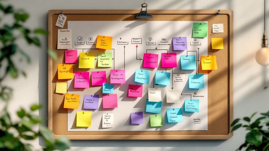 A team using sticky notes on a glass wall to define project scope and objectives.