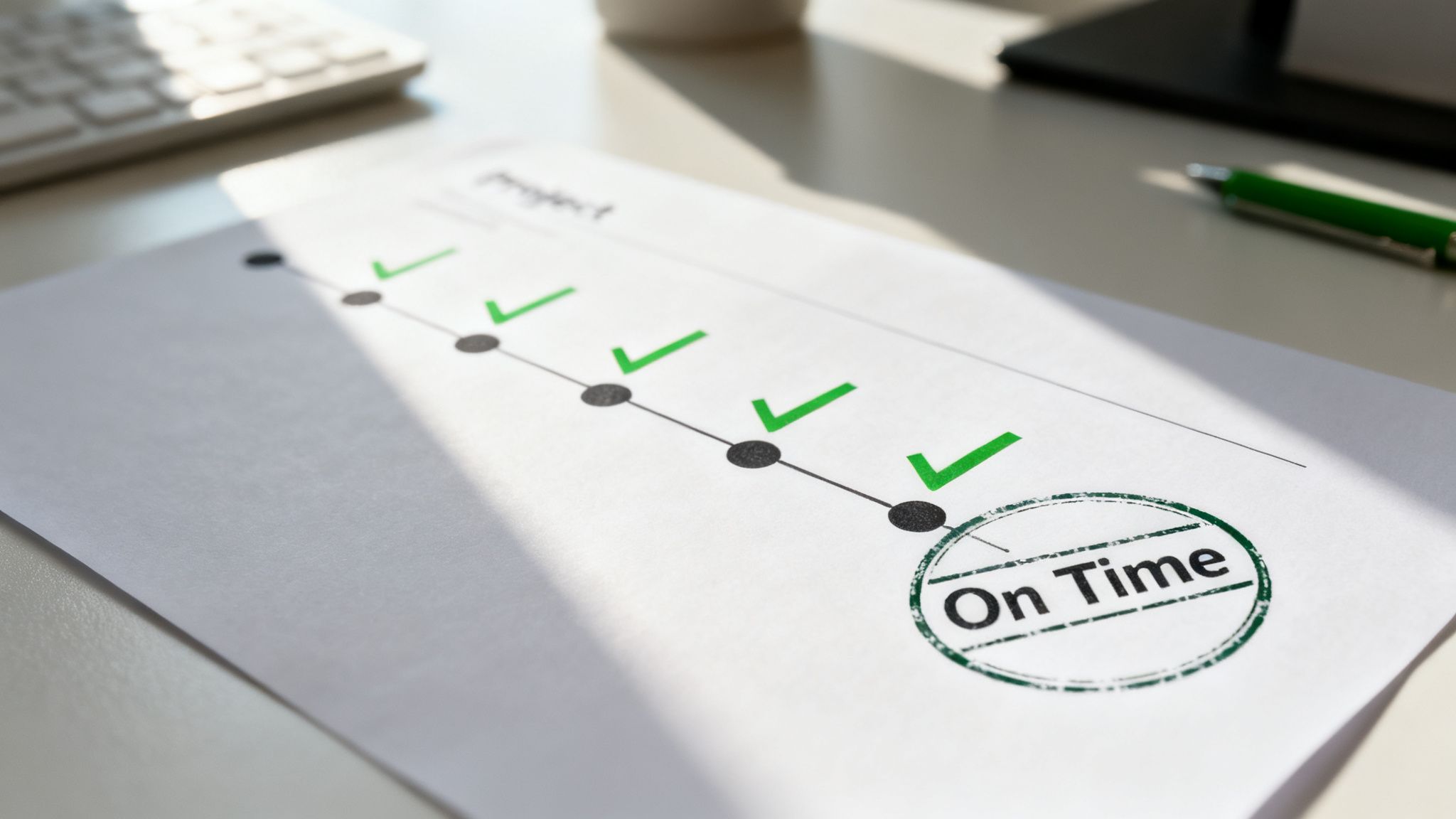 A project timeline on paper with green checkmarks indicating completion and an 'On Time' stamp.
