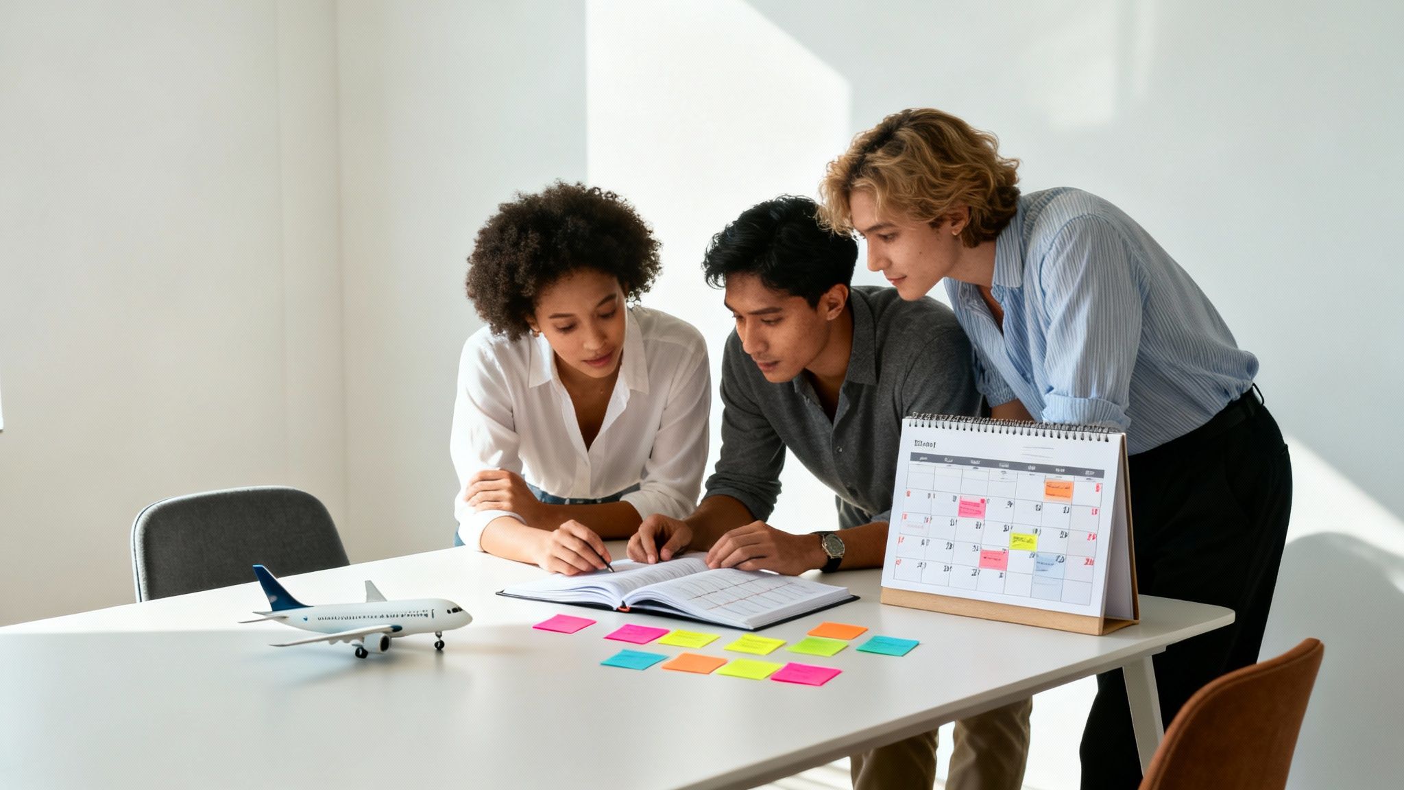 Three diverse professionals planning a project with a calendar, notebook, sticky notes, and a model airplane.