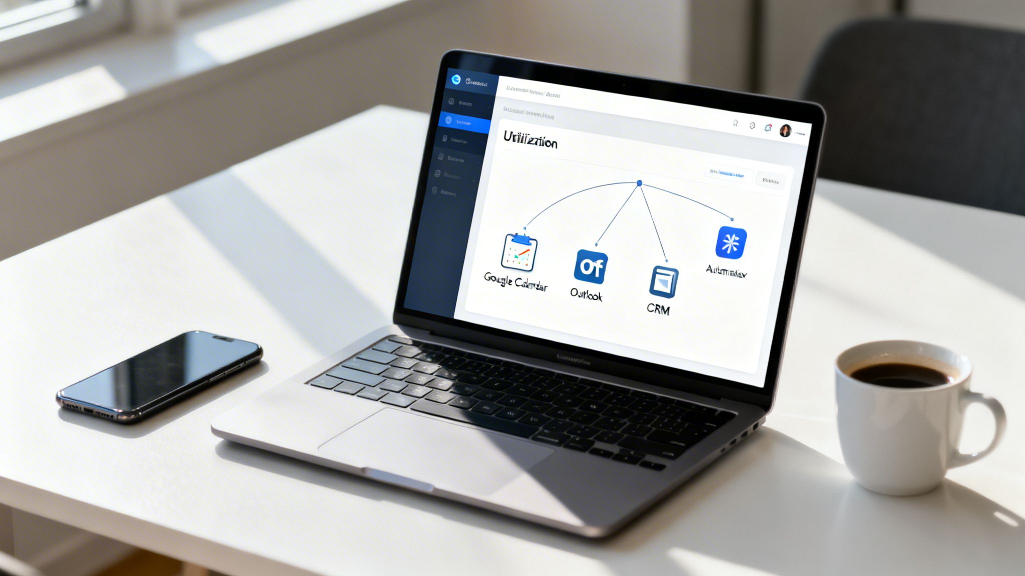 A laptop on a white desk displaying a resource utilization diagram, with a smartphone and coffee mug.