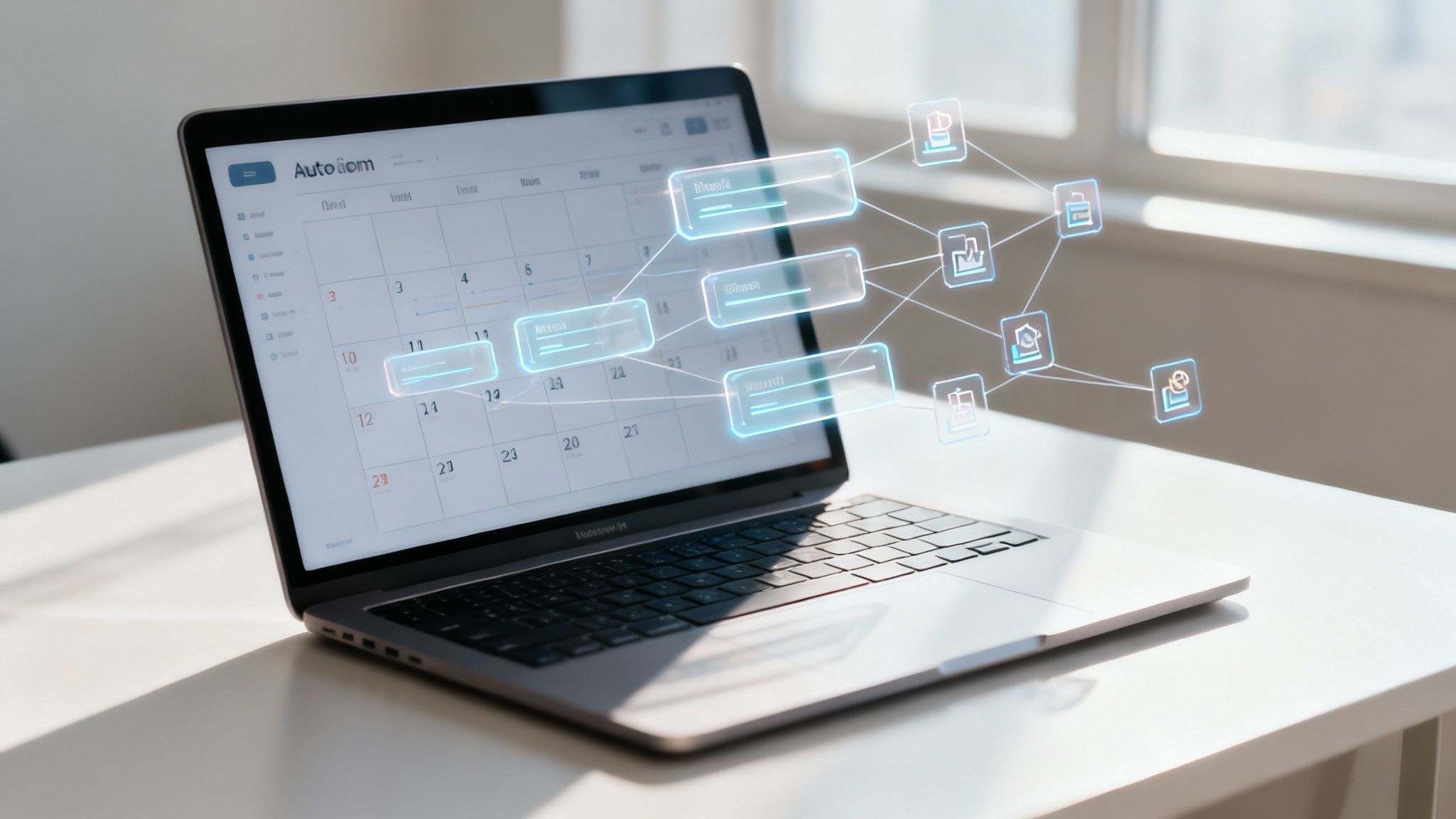 A laptop displaying a calendar application with glowing, interconnected digital workflow elements overlayed.