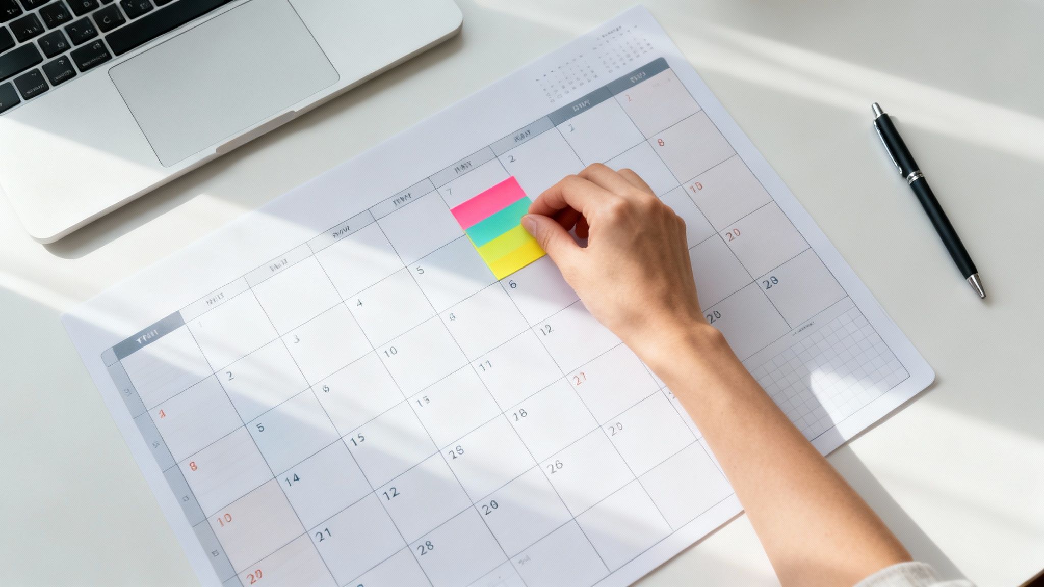 A hand places colorful sticky notes on a desk calendar next to a laptop and a pen.