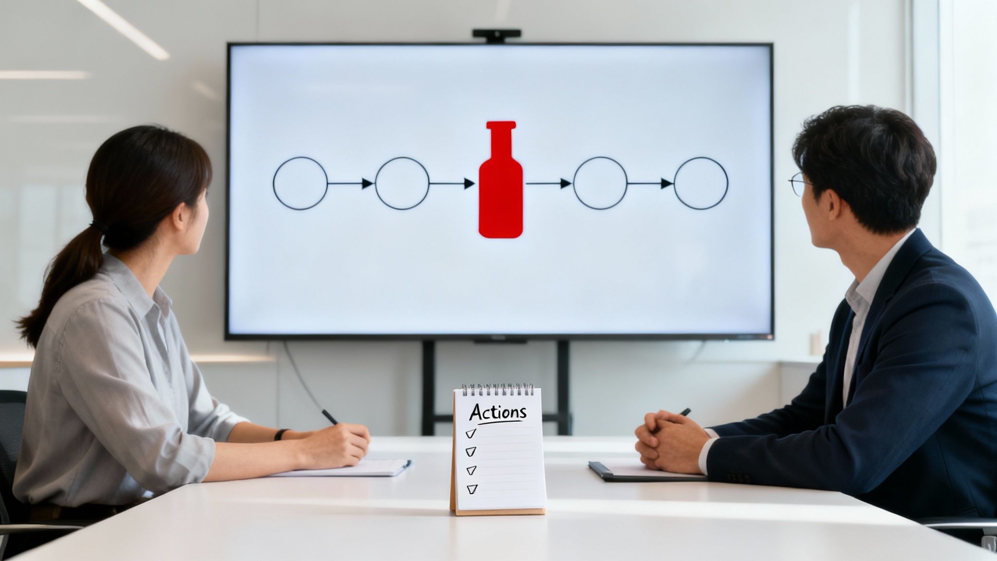 Two professionals discuss a process bottleneck diagram on a large screen during a business meeting, with an 'Actions' notepad on the table.