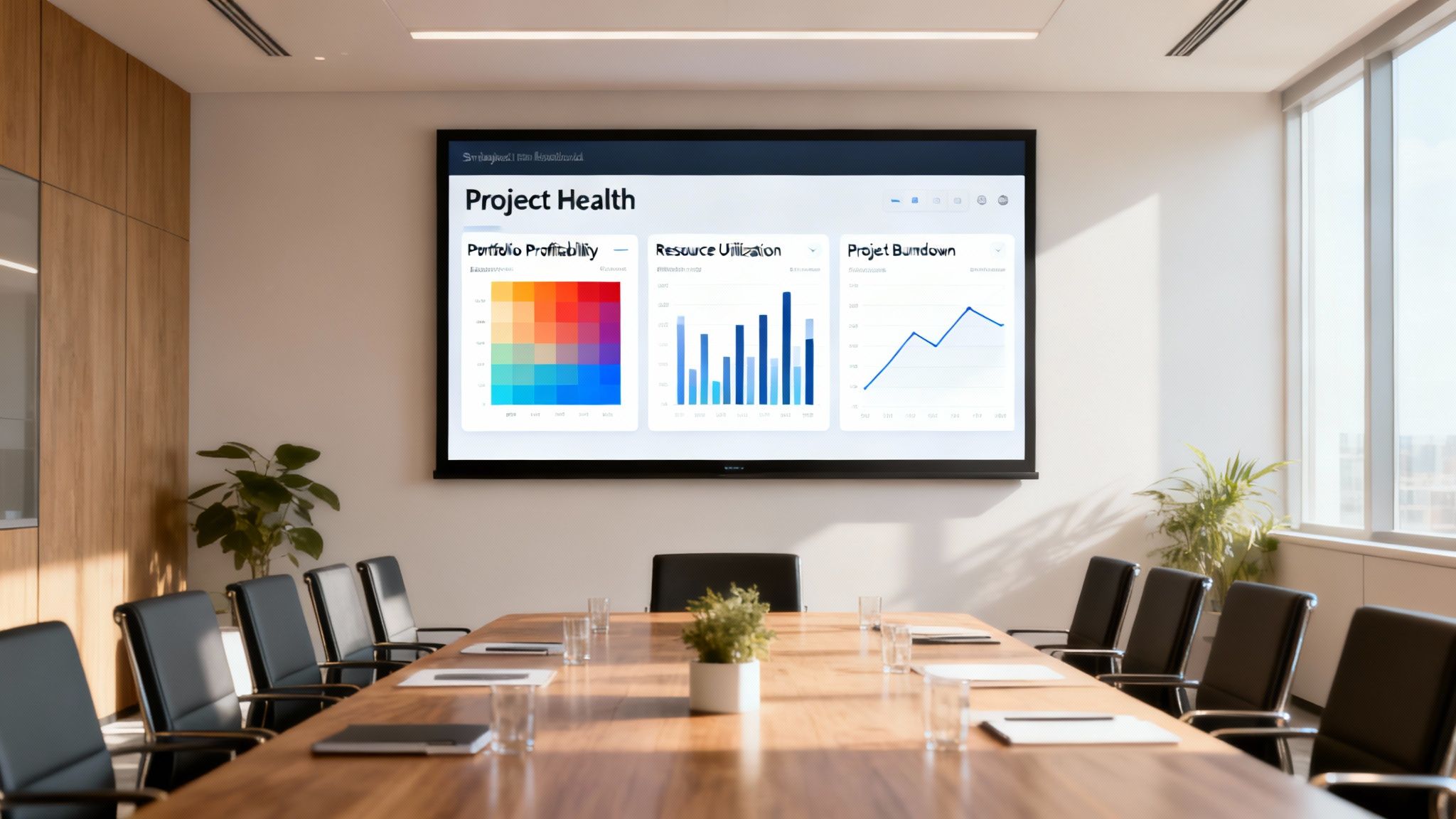 A modern conference room with a large screen displaying project health dashboards and a long wooden table.