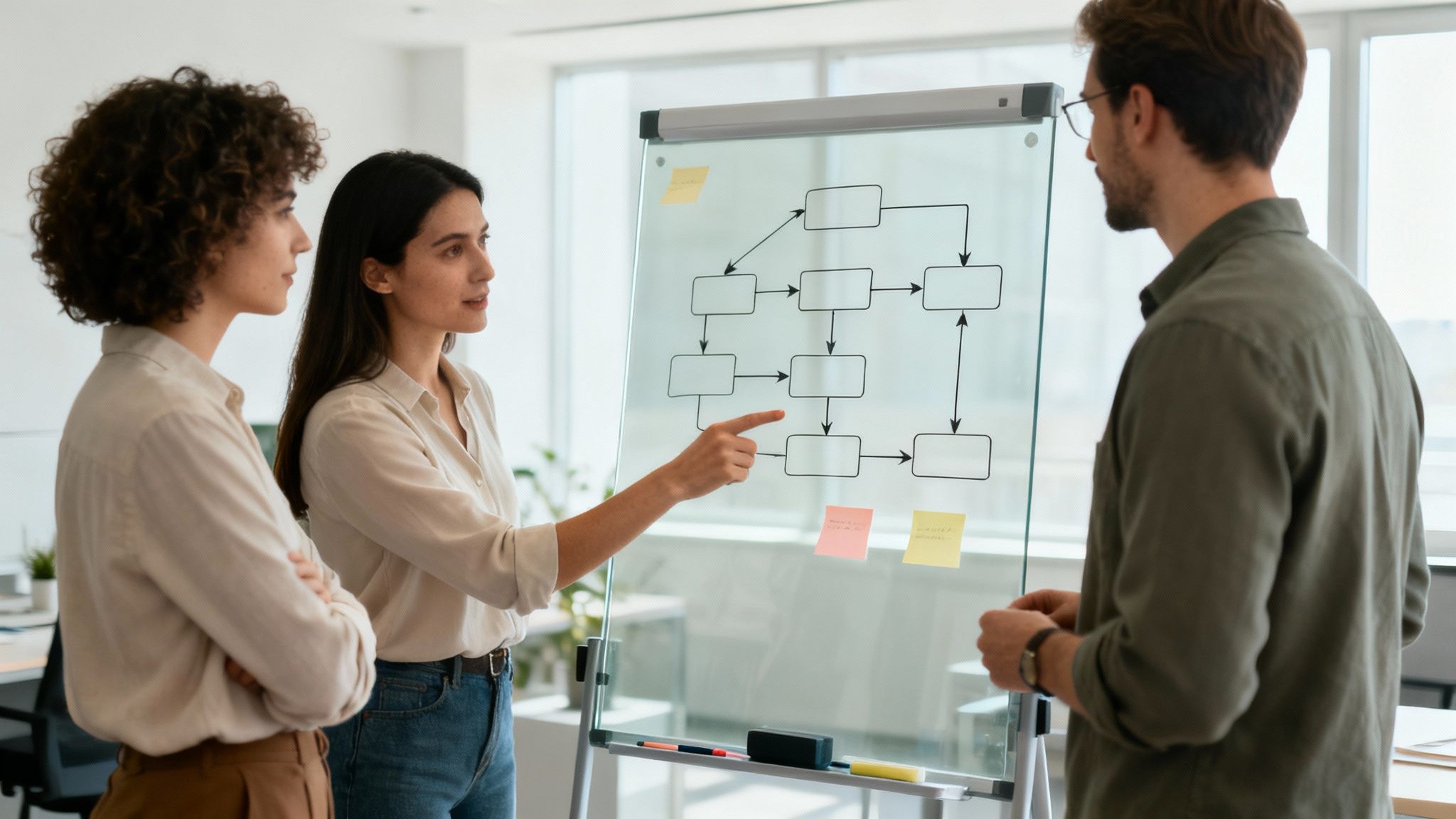 A team discusses a workflow diagram on a glass whiteboard during an office meeting.