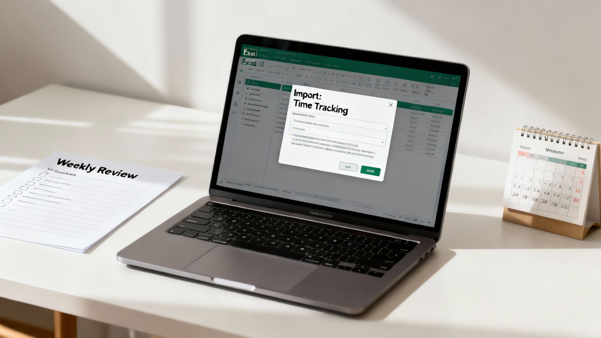 A laptop on a white desk displays an Excel sheet with a time tracking import dialog. A weekly review checklist and calendar are nearby.
